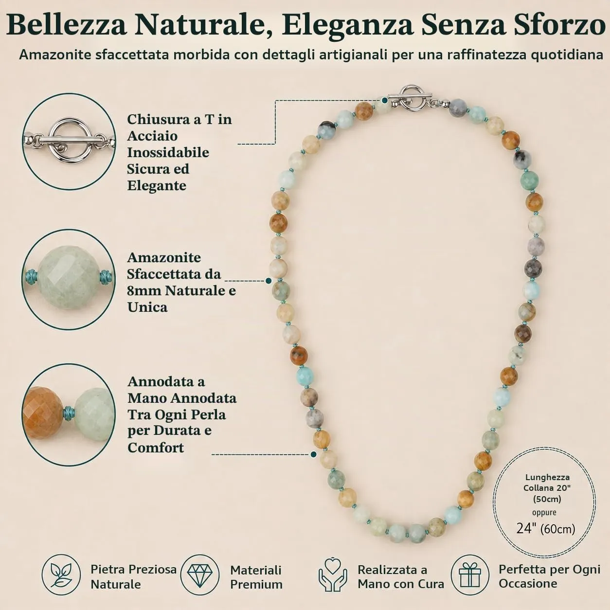 GAVU Collana da Uomo in Amazzonite con Perle Sfaccettate e Chiusura T-Bar, 60cm - immagine 3