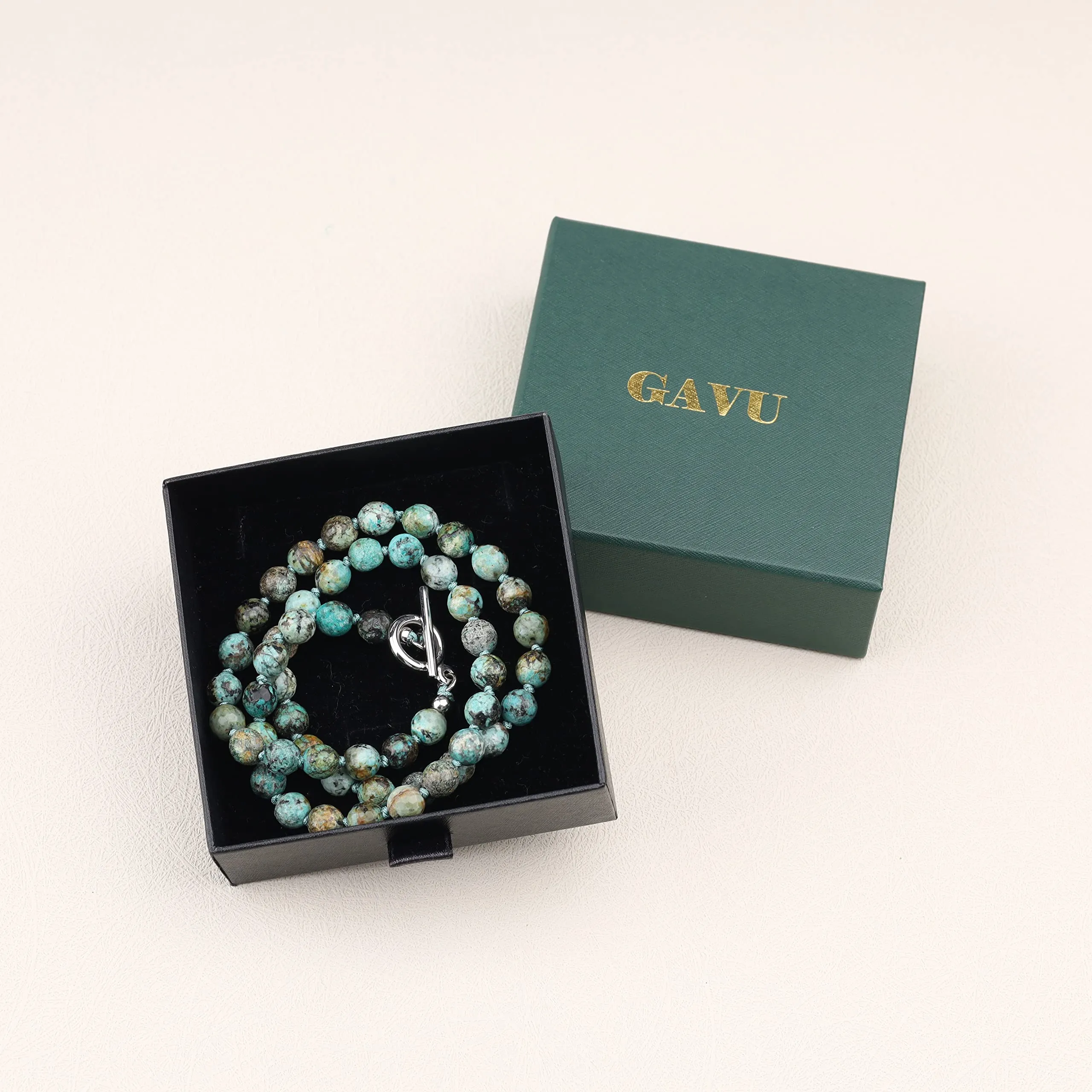 GAVU Collana da Uomo in Turchese Africano, Perle Sfaccettate Annodate a Mano, Chiusura T-Bar, 60cm - immagine 6