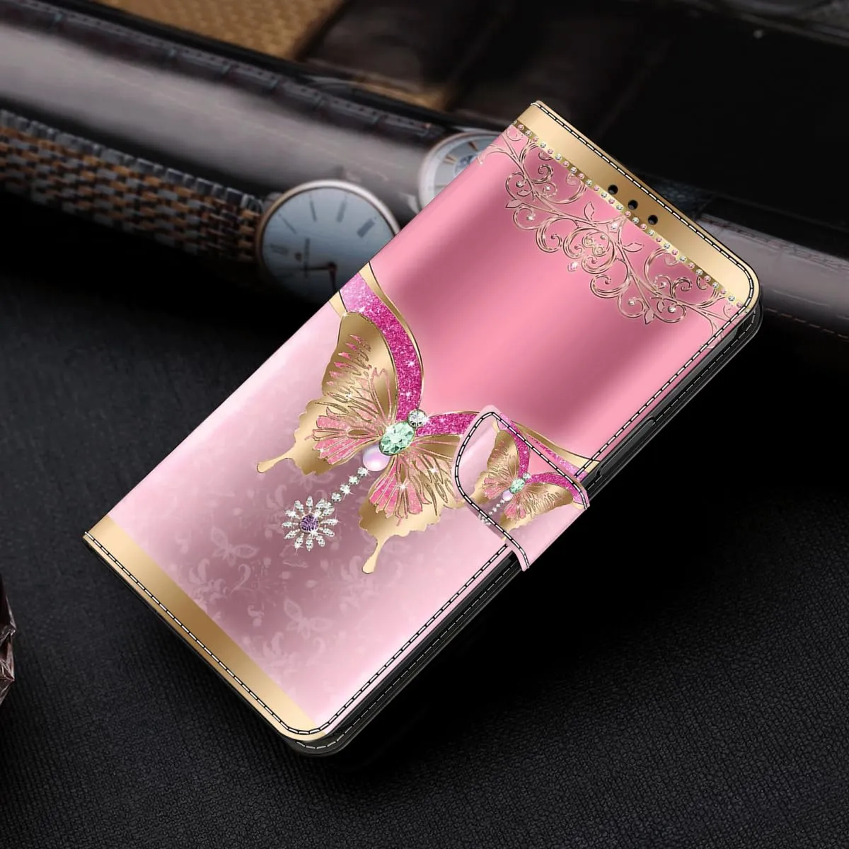 Tivenfezk Custodia in Pelle PU per Samsung Galaxy A71, Portafoglio Magnetico con Porta Carte, Oro Rosa Farfalla - immagine 3
