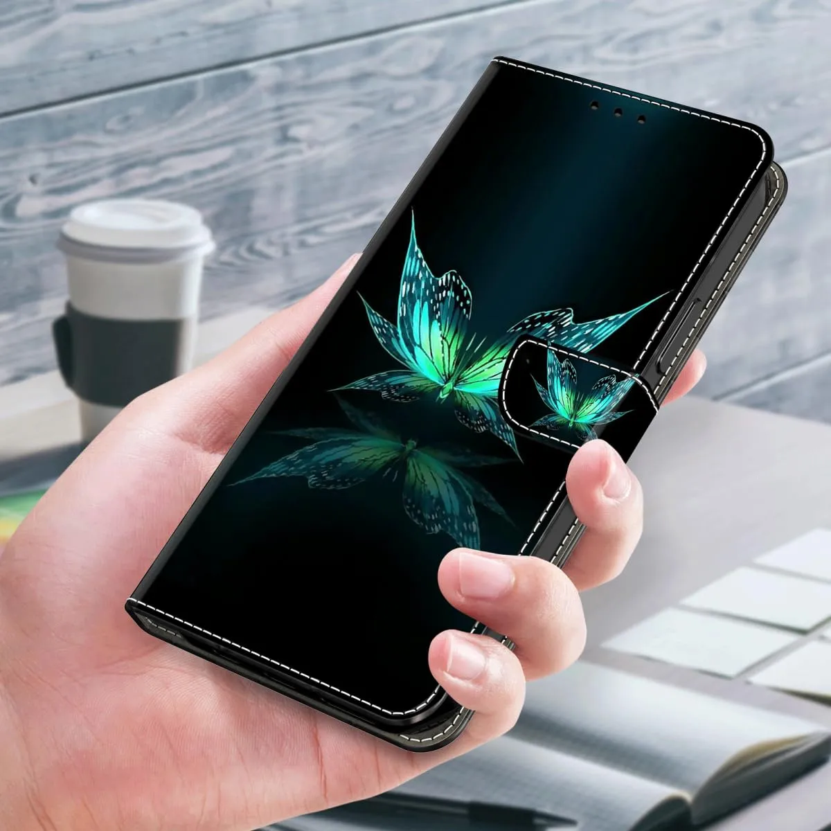 Tivenfezk Custodia in Pelle PU per Samsung Galaxy A71, Portafoglio Magnetico con Porta Carte, Verde Farfalla - immagine 4
