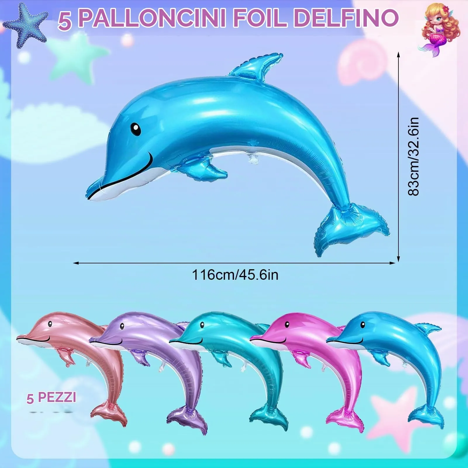 5pcs Palloncini Delfini,Palloncino Delfino Colorato,Set di palloncini Giant - immagine 2