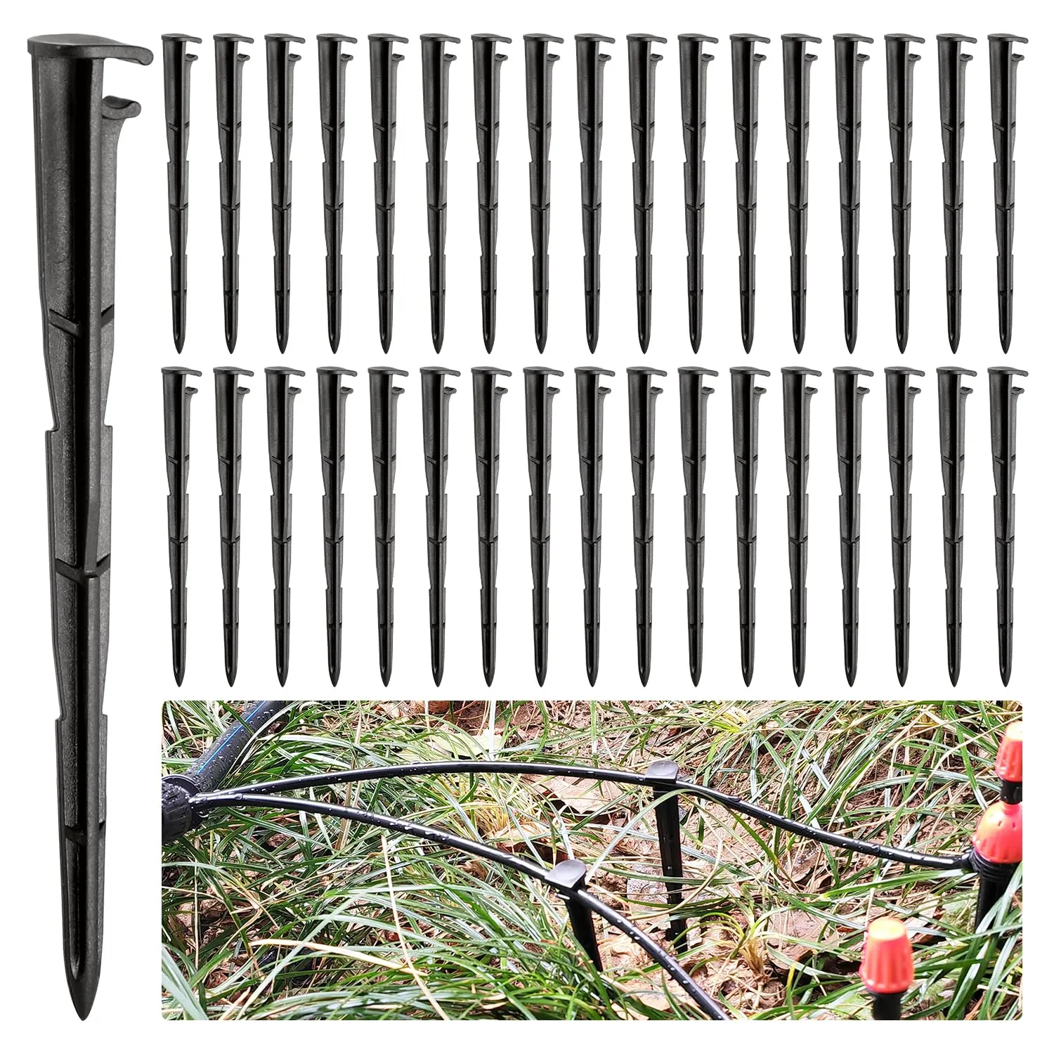 VooGenzek 35 Pezzi 4/7mm Picchetti di Supporto per Irrigazione a Goccia, Supporto per Gocciolamento, Supporto per Tubo Irrigazione Picchetti in Plastica, per Tubo 4/7mm, per Ortaggi, Piante o Aiuole - immagine 1