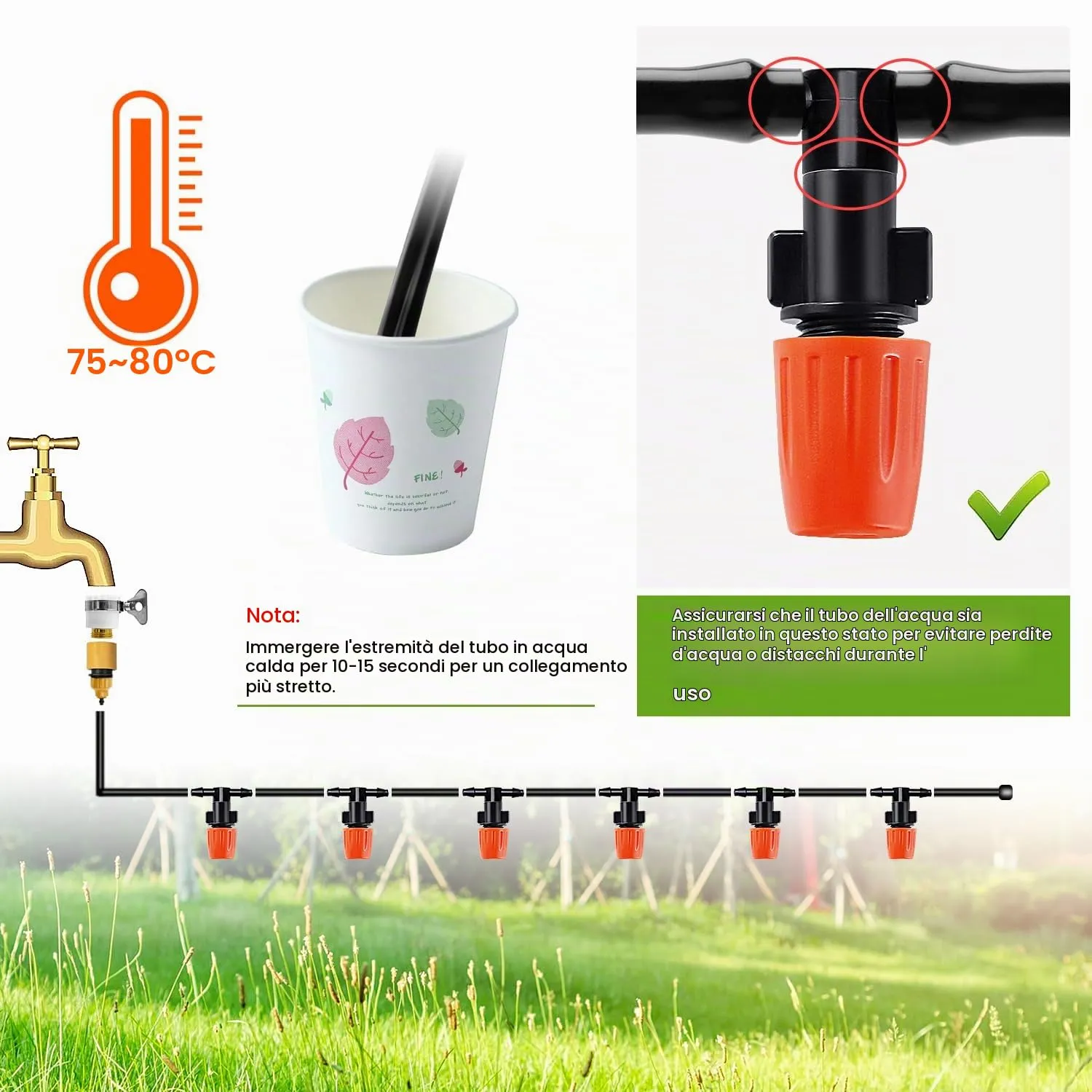 VooGenzek 30 Pezzi Ugelli per Nebulizzatori Connettore a T, Ugello Nebulizzazione Impianto di Raffreddamento, Giunti a T Nebulizzazione per Prato, con Connettore a T, Arancia - immagine 4