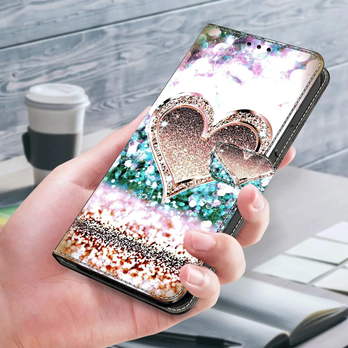 Tivenfezk Nadoli Custodia PU Pelle per Samsung Galaxy A35 5G,Colorato Dipinto Brillantini Cuore Porta Carte Magnetico Portafoglio Protettiva Cover - immagine 4
