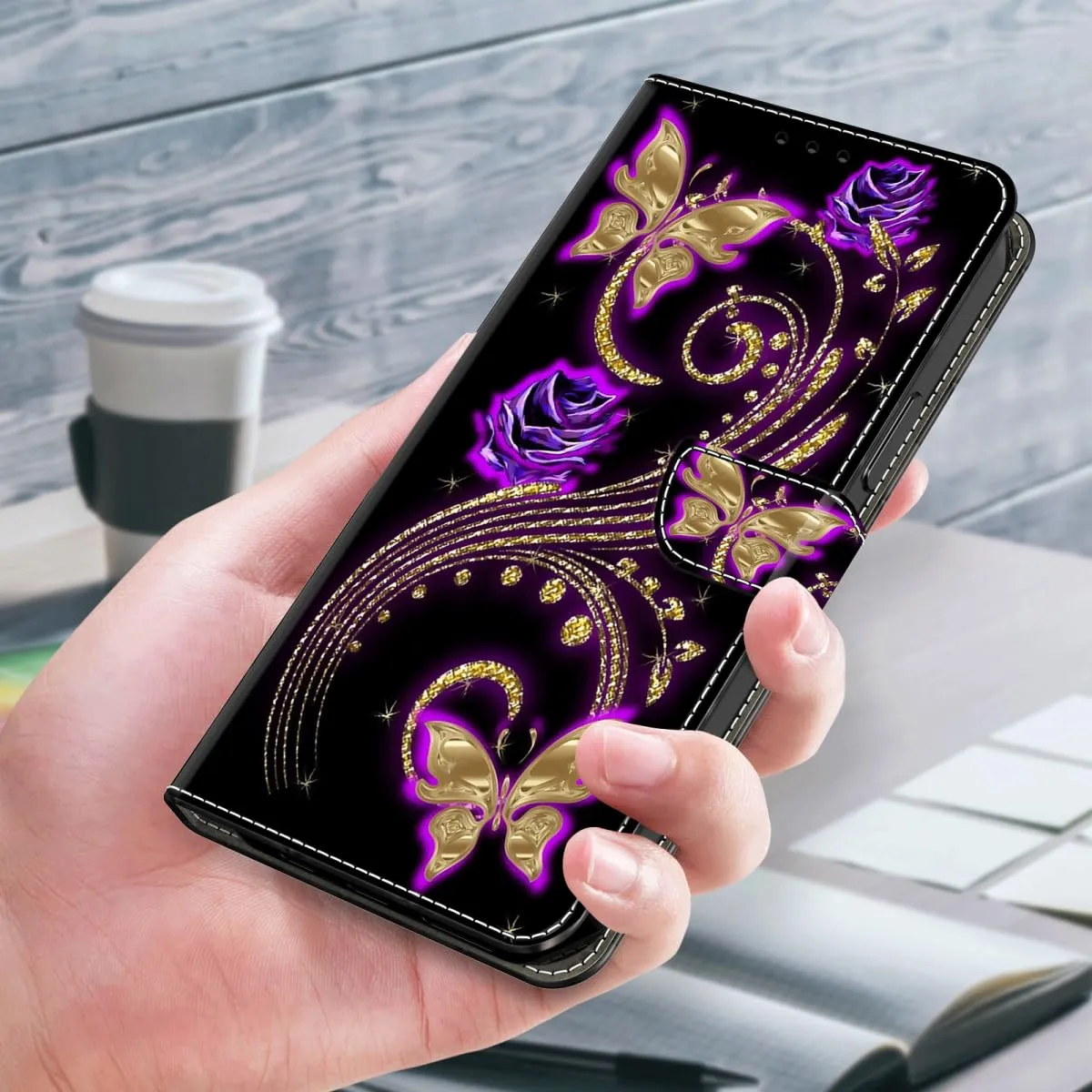 Tivenfezk Nadoli Custodia PU Pelle per Samsung Galaxy A24 4G,Colorato Dipinto Viola Fiore Farfalla Porta Carte Magnetico Portafoglio Protettiva Cover - immagine 4