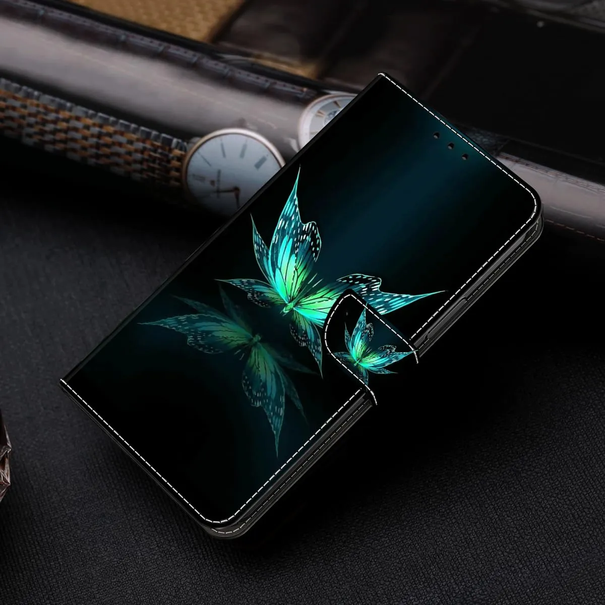 Tivenfezk Nadoli Custodia PU Pelle per Samsung Galaxy A35 5G,Colorato Dipinto Verde Farfalla Porta Carte Magnetico Portafoglio Protettiva Cover - immagine 3