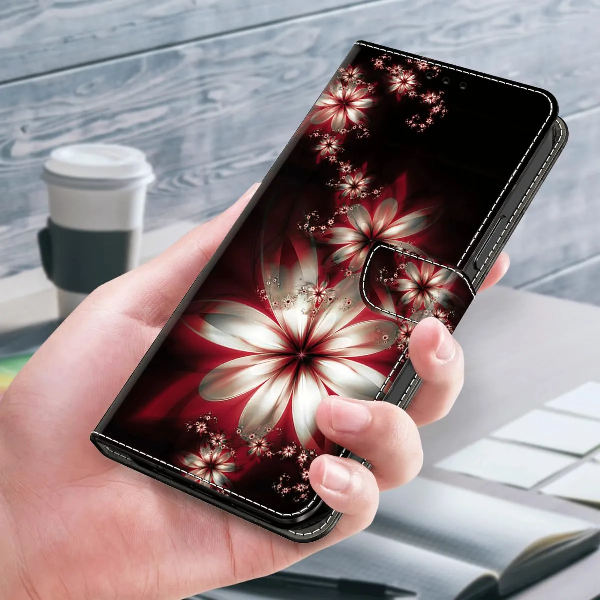 Tivenfezk Nadoli Custodia PU Pelle per Samsung Galaxy A05S,Colorato Dipinto Rosso Bianco Fiore Porta Carte Magnetico Portafoglio Protettiva Cover - immagine 4