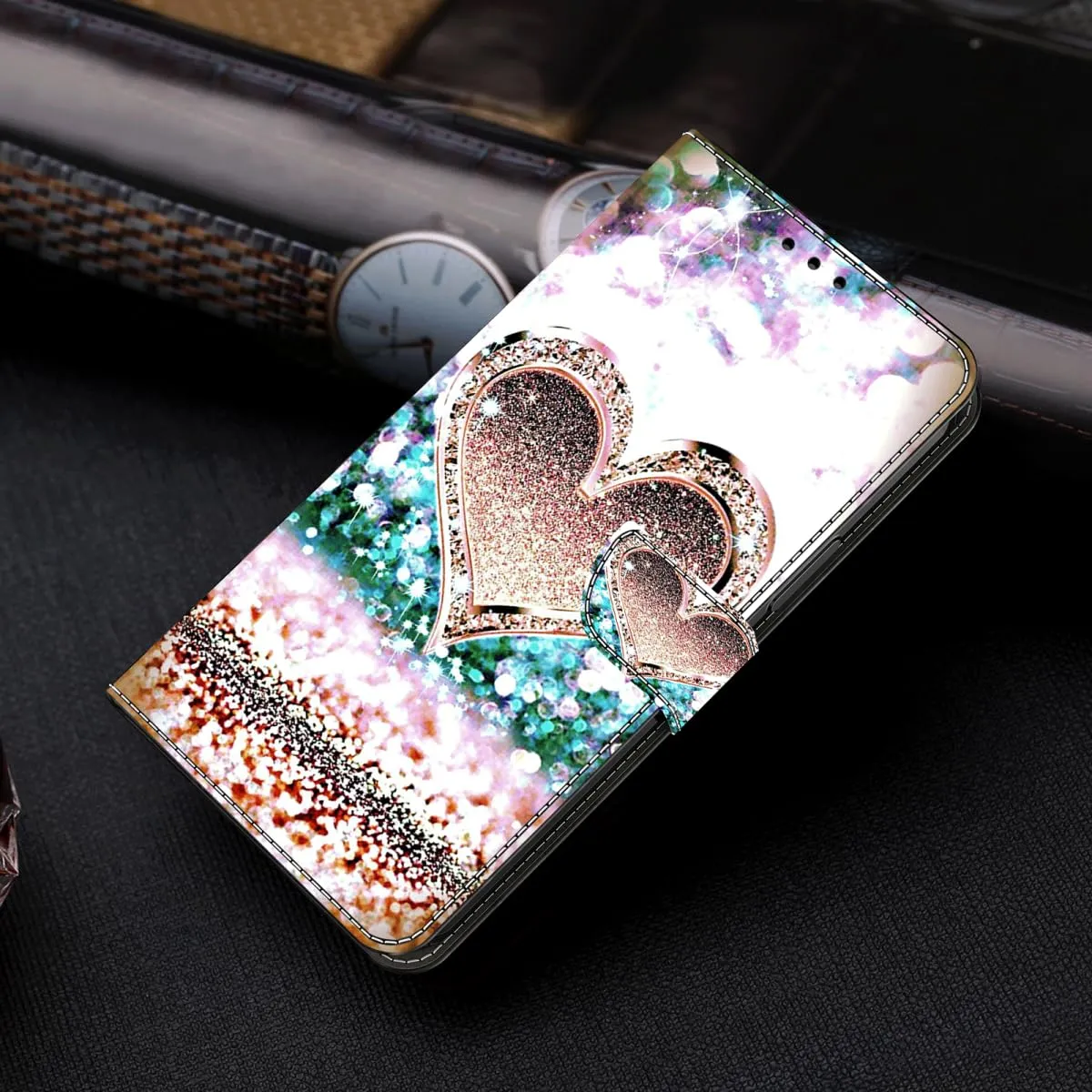 Tivenfezk Nadoli Custodia PU Pelle per Samsung Galaxy A24 4G,Colorato Dipinto Brillantini Cuore Porta Carte Magnetico Portafoglio Protettiva Cover - immagine 3