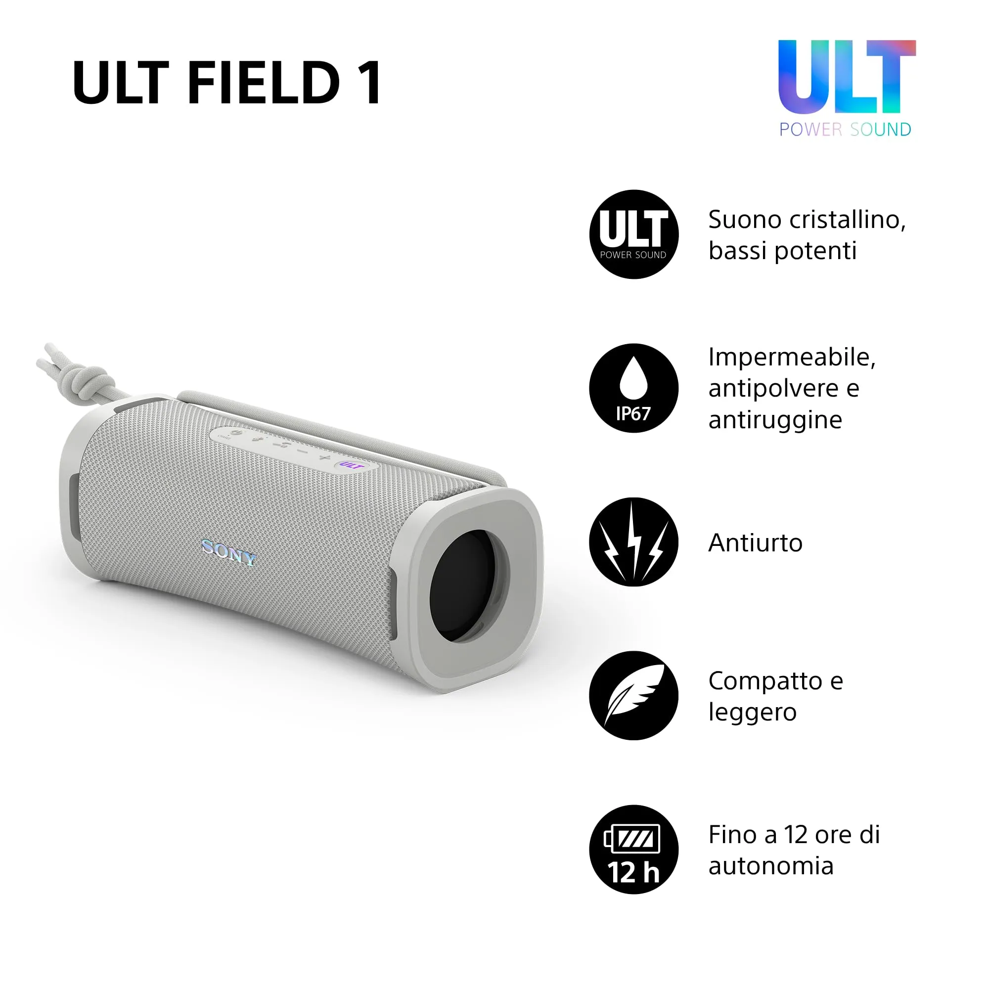 Sony ULT FIELD 1 | Speaker portatile wireless Bluetooth con ULT POWER SOUND, bassi profondi, IP67, impermeabile, antipolvere, antiurto, batteria da 12 ore, qualità chiamata chiara, viaggio - Off White - immagine 2