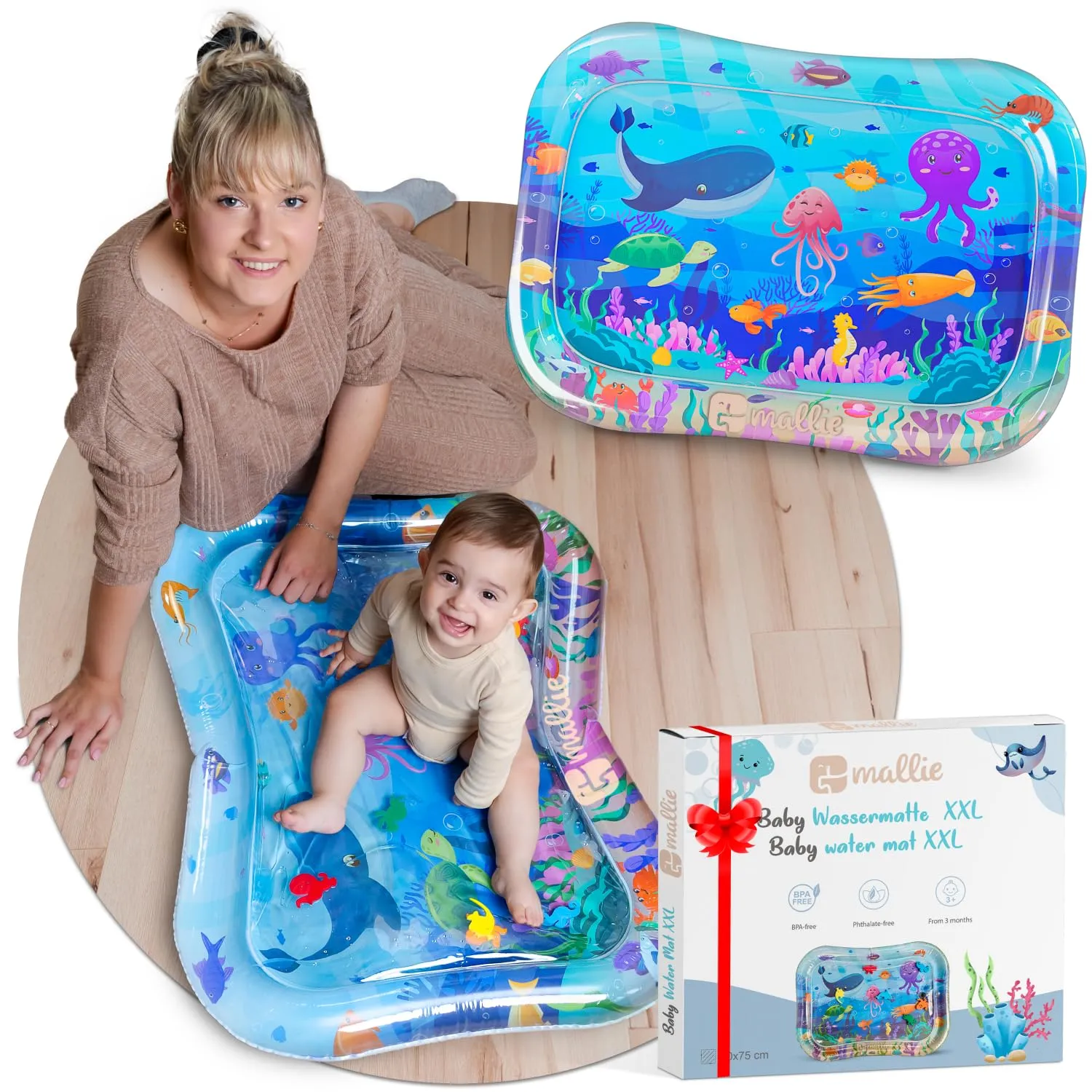 Mallie® Tappetino Tummy Time Neonato XXL, Cuscino Tummy Time Neonato: Tappeto ad Acqua Gonfiabile. Giochi Sensoriali Neonati e Giochi Tummy Time Neonato 0-3 0-6 Mesi. Regalo Nascita Bimbo Bimba - immagine 1