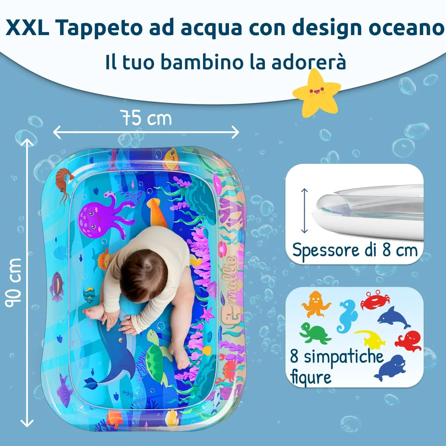 Mallie® Tappetino Tummy Time Neonato XXL, Cuscino Tummy Time Neonato: Tappeto ad Acqua Gonfiabile. Giochi Sensoriali Neonati e Giochi Tummy Time Neonato 0-3 0-6 Mesi. Regalo Nascita Bimbo Bimba - immagine 2
