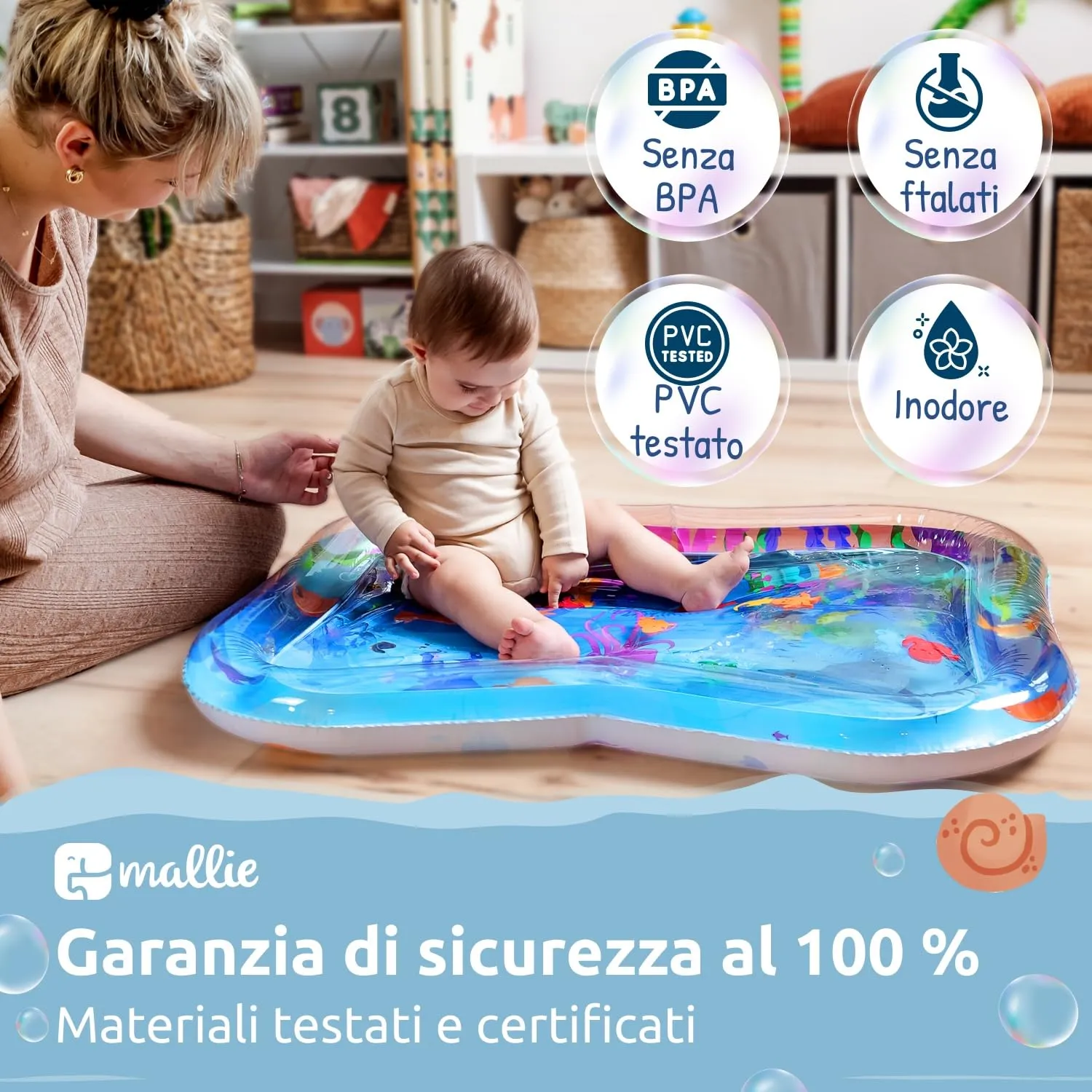 Mallie® Tappetino Tummy Time Neonato XXL, Cuscino Tummy Time Neonato: Tappeto ad Acqua Gonfiabile. Giochi Sensoriali Neonati e Giochi Tummy Time Neonato 0-3 0-6 Mesi. Regalo Nascita Bimbo Bimba - immagine 4