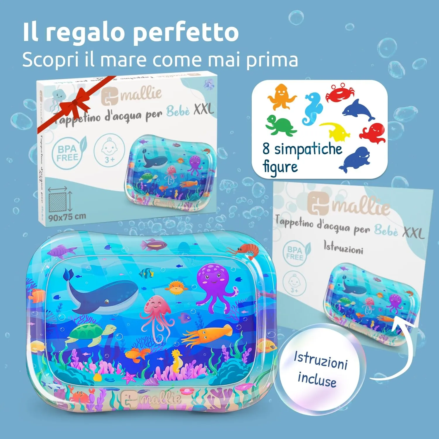 Mallie® Tappetino Tummy Time Neonato XXL, Cuscino Tummy Time Neonato: Tappeto ad Acqua Gonfiabile. Giochi Sensoriali Neonati e Giochi Tummy Time Neonato 0-3 0-6 Mesi. Regalo Nascita Bimbo Bimba - immagine 5