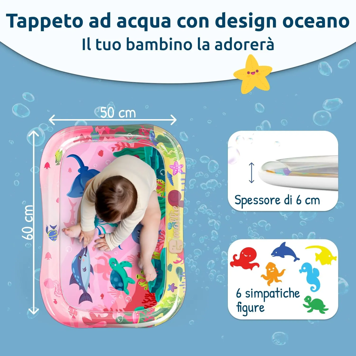 Mallie® Tappetino Tummy Time Neonato XXL, Cuscino Tummy Time Neonato: Tappeto ad Acqua Gonfiabile. Giochi Sensoriali Neonati e Giochi Tummy Time Neonato 0-3 0-6 Mesi. Regalo Nascita Bimbo Bimba - immagine 2
