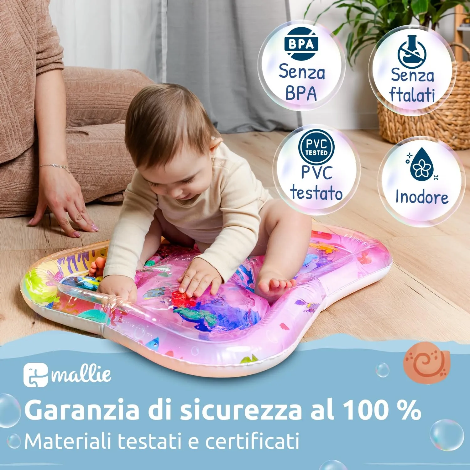 Mallie® Tappetino Tummy Time Neonato XXL, Cuscino Tummy Time Neonato: Tappeto ad Acqua Gonfiabile. Giochi Sensoriali Neonati e Giochi Tummy Time Neonato 0-3 0-6 Mesi. Regalo Nascita Bimbo Bimba - immagine 4