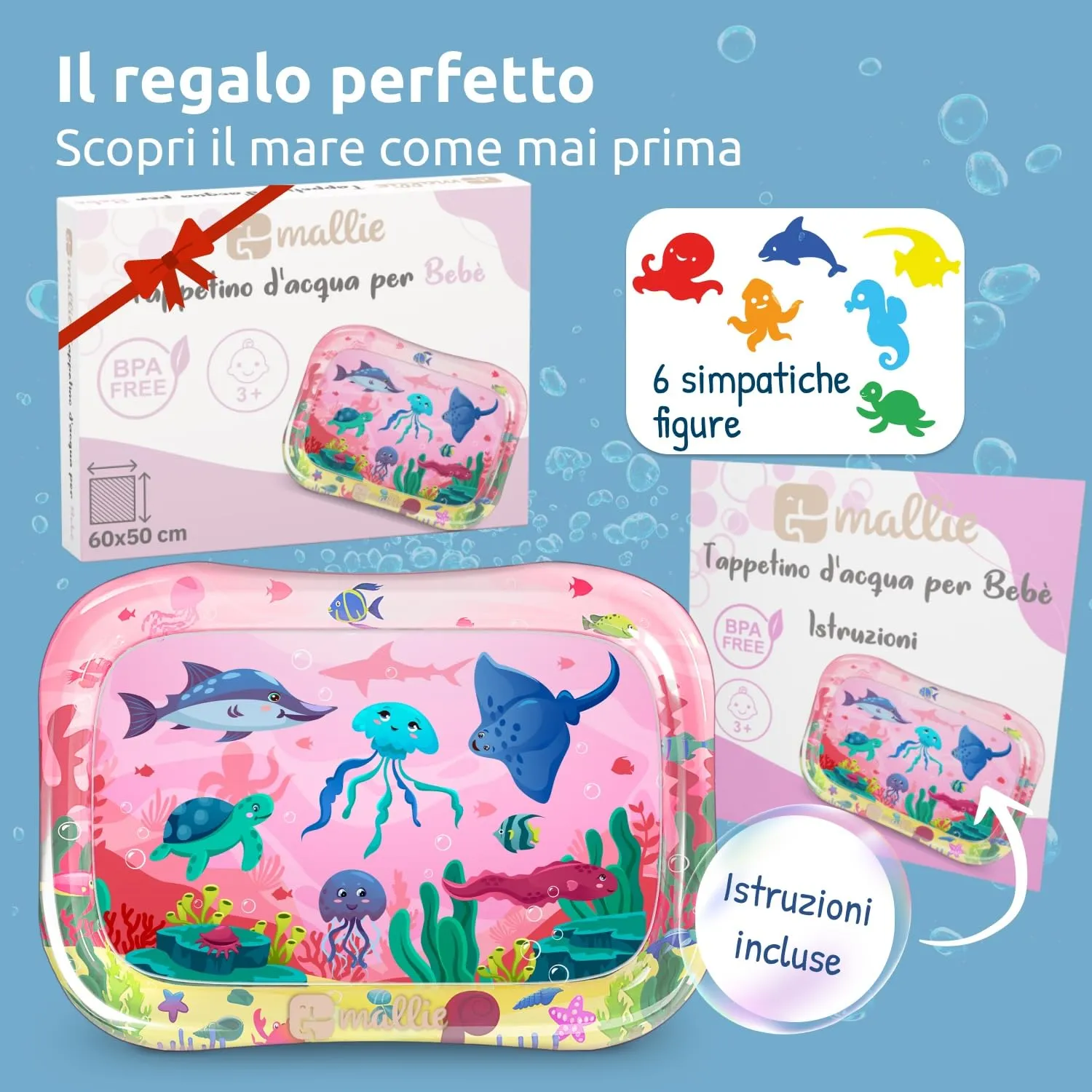 Mallie® Tappetino Tummy Time Neonato XXL, Cuscino Tummy Time Neonato: Tappeto ad Acqua Gonfiabile. Giochi Sensoriali Neonati e Giochi Tummy Time Neonato 0-3 0-6 Mesi. Regalo Nascita Bimbo Bimba - immagine 5