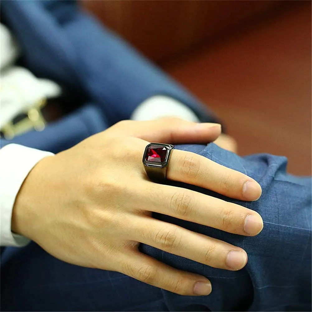 HIJONES Anello da Uomo in Pietra in Acciaio Inossidabile Nero con Zirconi Quadrati Grandi Vintage Rosso Misura 12 - immagine 6