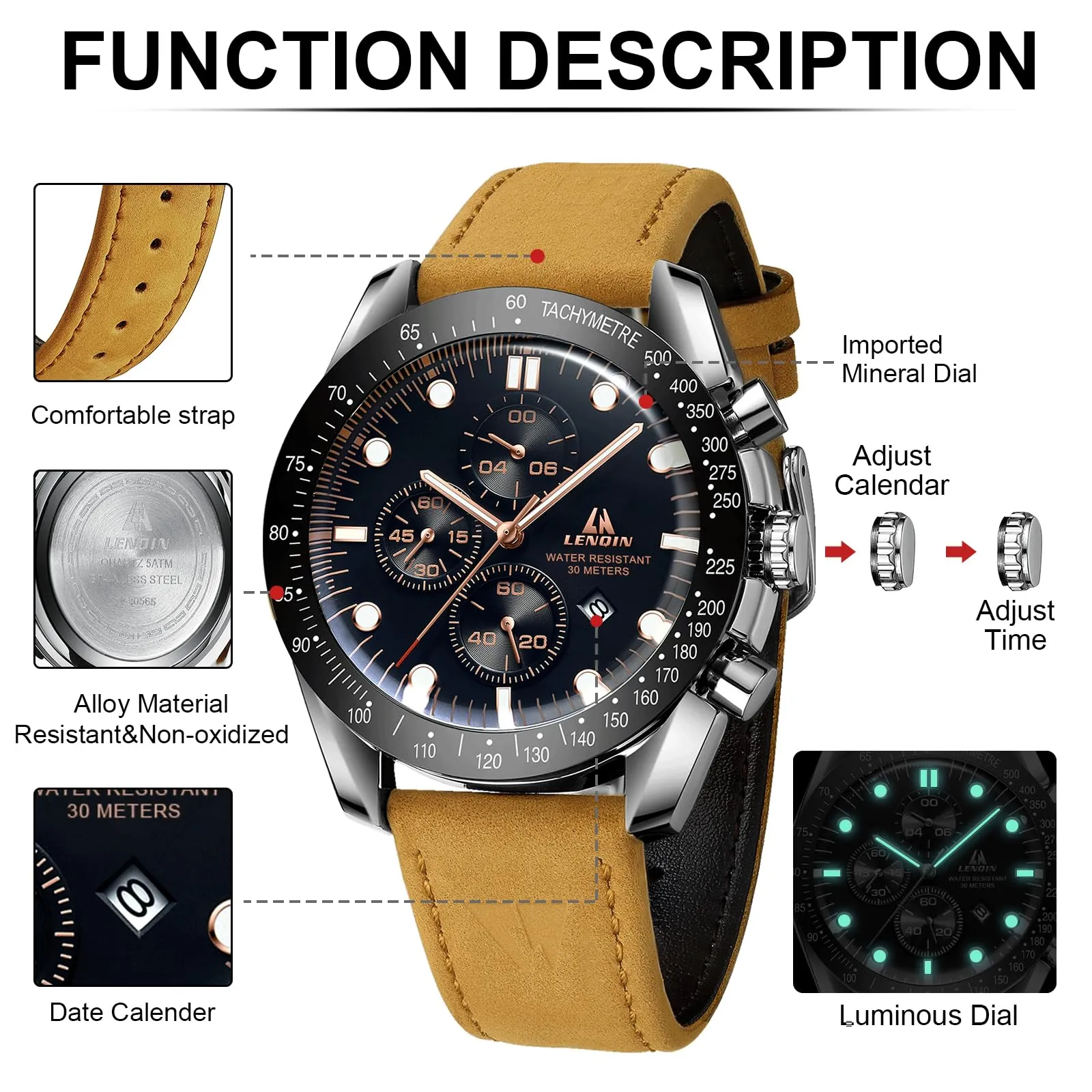 LN LENQIN Orologio Uomo Analogico al Quarzo con Cinturino in Pelle - immagine 6