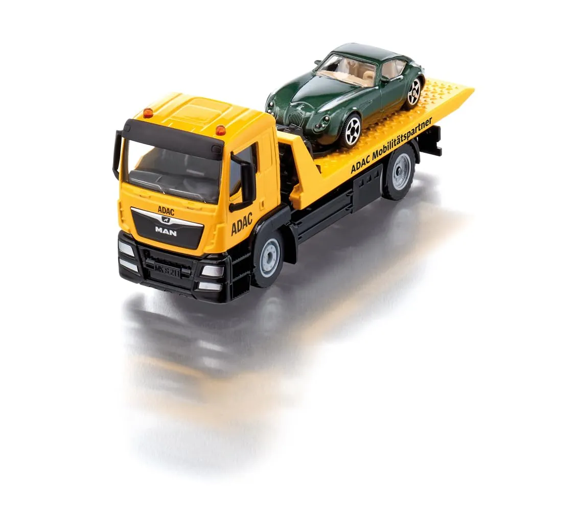 Siku 2722, Carro Attrezzi MAN ADAC, Inclusa Auto Giocattolo, 1:55, Metallo/Plastica, Giallo, Fedele all'Originale, Verricello a Cavo Estensibile, Piattaforma di Trasporto Inclinabile e Abbattibile - immagine 1