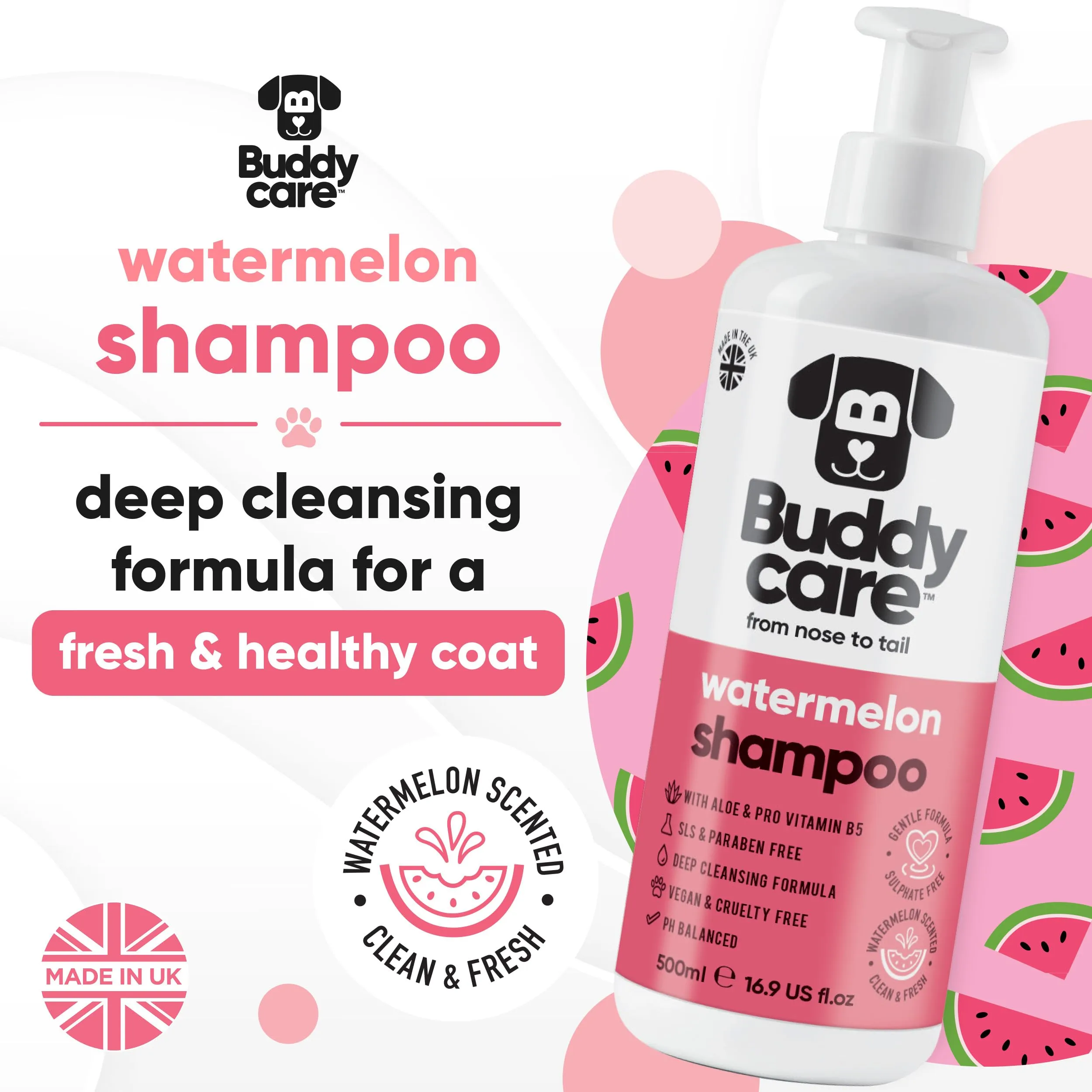 Shampoo per cani all'anguria di Buddycare – Shampoo detergente profondo per cani – Profumo fruttato – con aloe vera e pro vitamina B5 (500 ml) - immagine 2