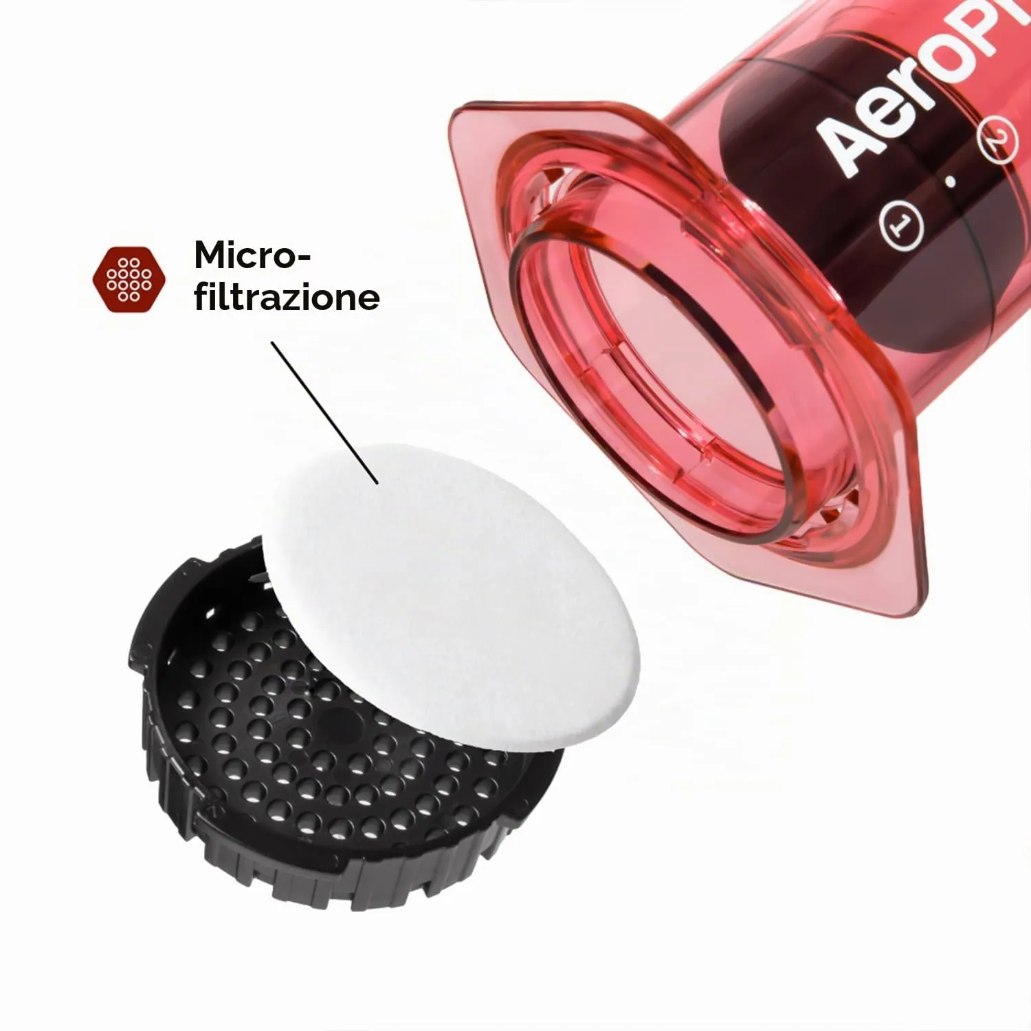 AeroPress Clear Red Coffee Press, French Press tutto in uno, macchina da caffè manuale stile espresso e pour-over, infusione in 2 minuti, piccola macchina portatile da viaggio e campeggio - immagine 3