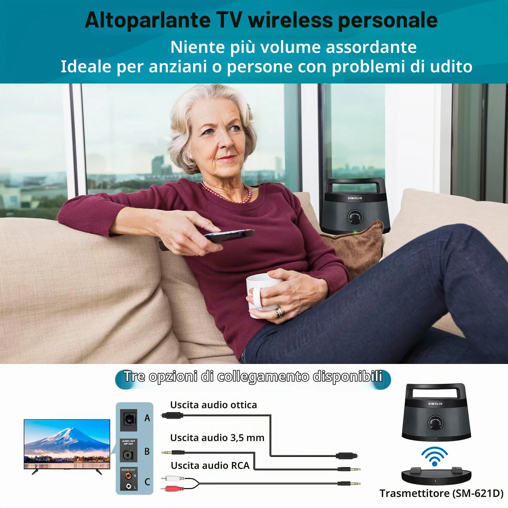 SIMOLIO Wireless TV Speaker Handy, Wireless Altoparlante Portatile per TV Senza Fili per Anziani, Connessione Ottica/RCA/AUX, Nessun Ritardo, Cuffia Extra Inclusa - SM-621D - immagine 3