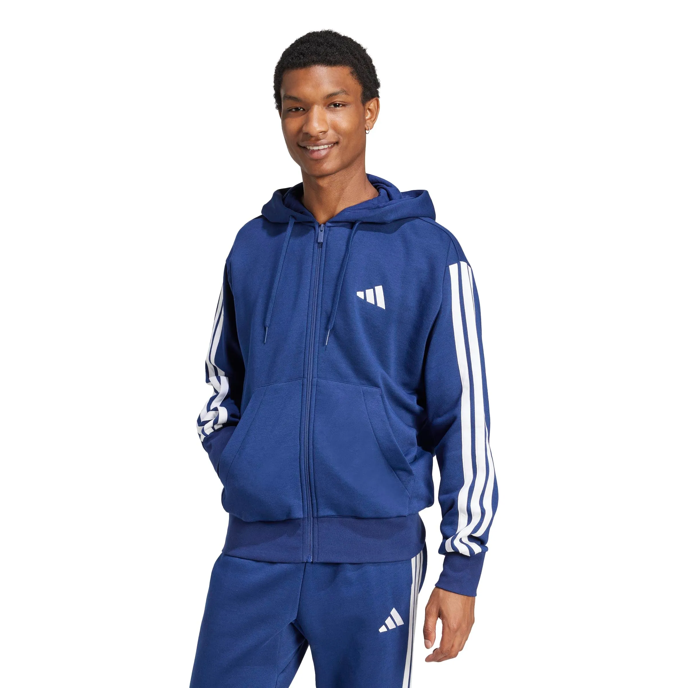 adidas Uomo Essential Three Stripes Fleece Zipper Hoodie Sweatshirt, Dark Blue/White, XL - immagine 1