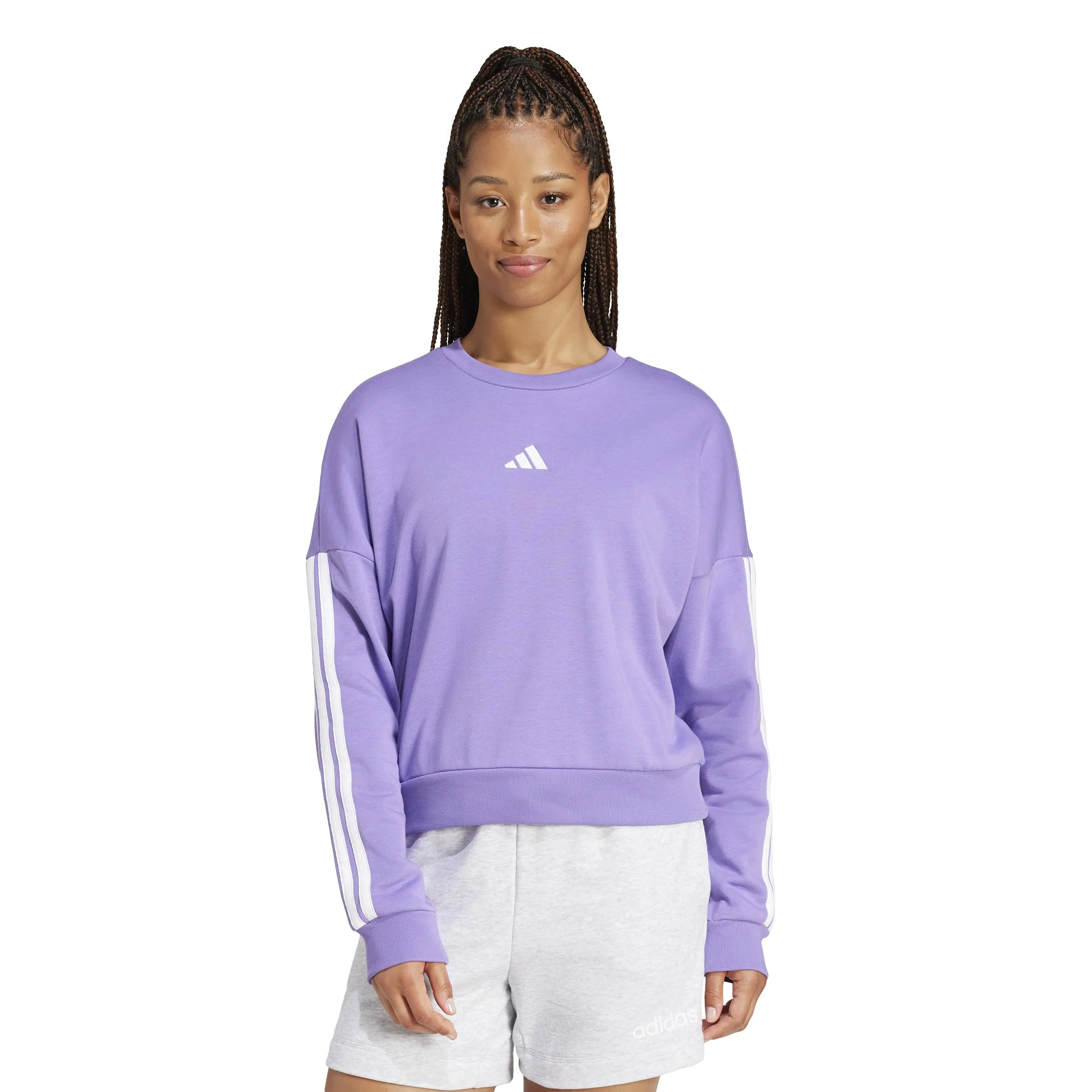 Adidas Donna Essentials 3-Stripes French Terry Sweatshirt, Violet Fusion/White, S - immagine 3