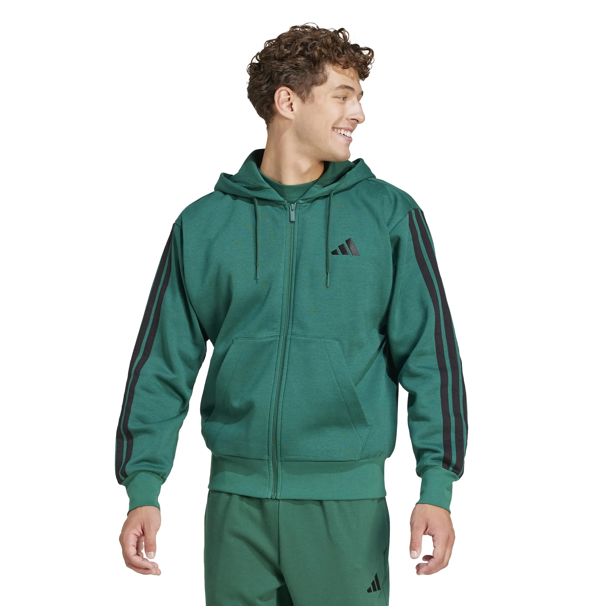 Adidas Uomo Essential Three Stripes Fleece Zipper Hoodie, Collegiate Green/Black, XXL - immagine 3