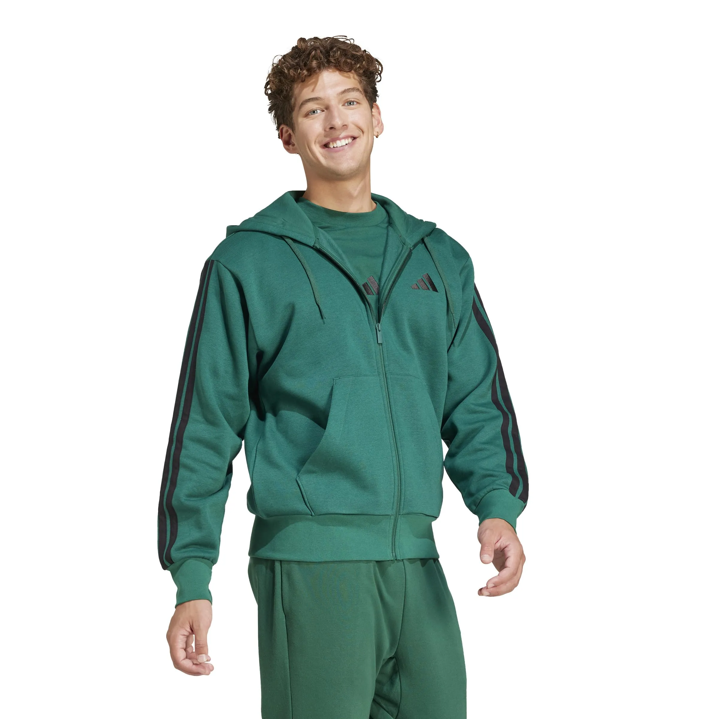 Adidas Uomo Essential Three Stripes Fleece Zipper Hoodie, Collegiate Green/Black, XXL - immagine 4