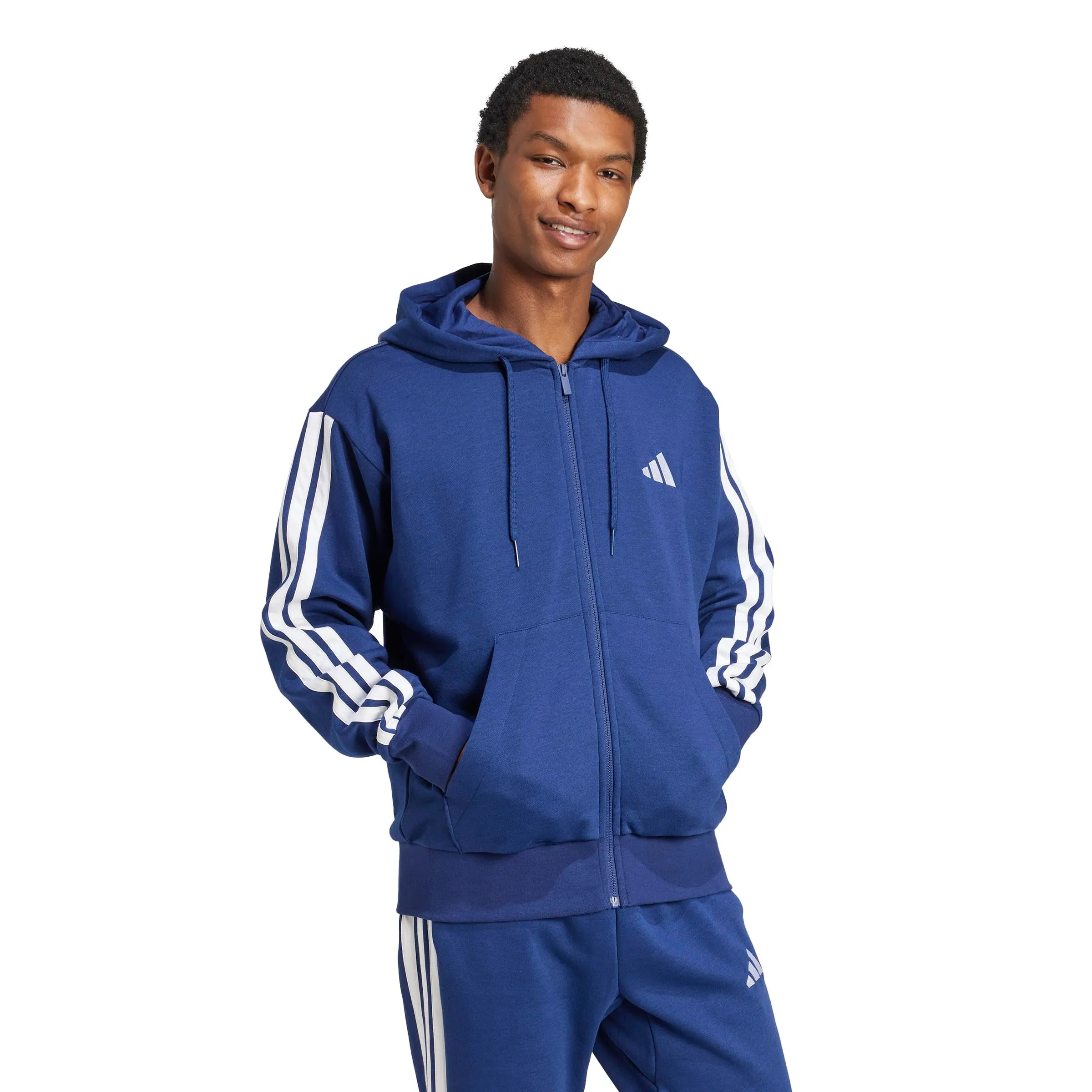 adidas Uomo Essential Three Stripes Fleece Zipper Hoodie Sweatshirt, Dark Blue/White, L - immagine 2