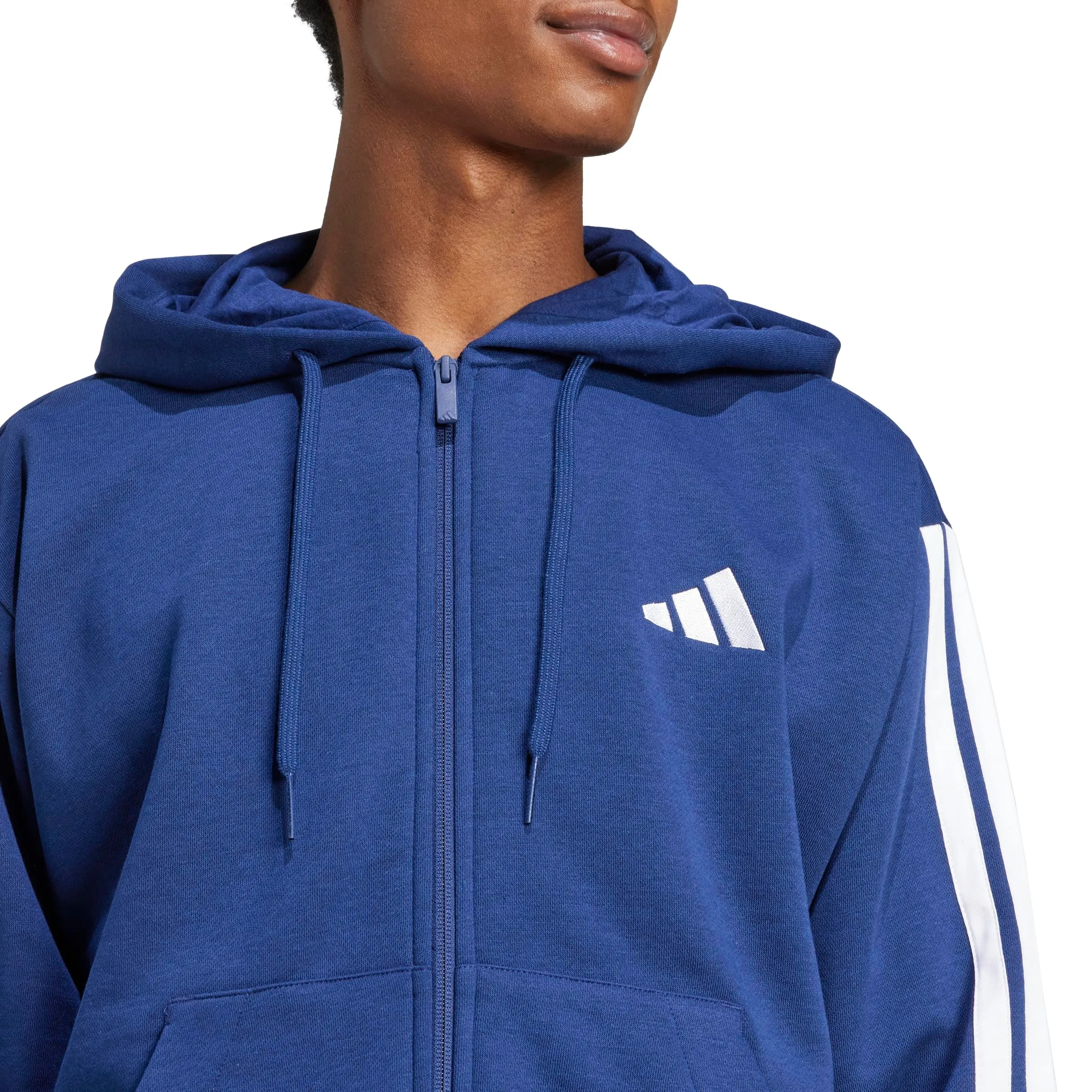 adidas Uomo Essential Three Stripes Fleece Zipper Hoodie Sweatshirt, Dark Blue/White, L - immagine 5