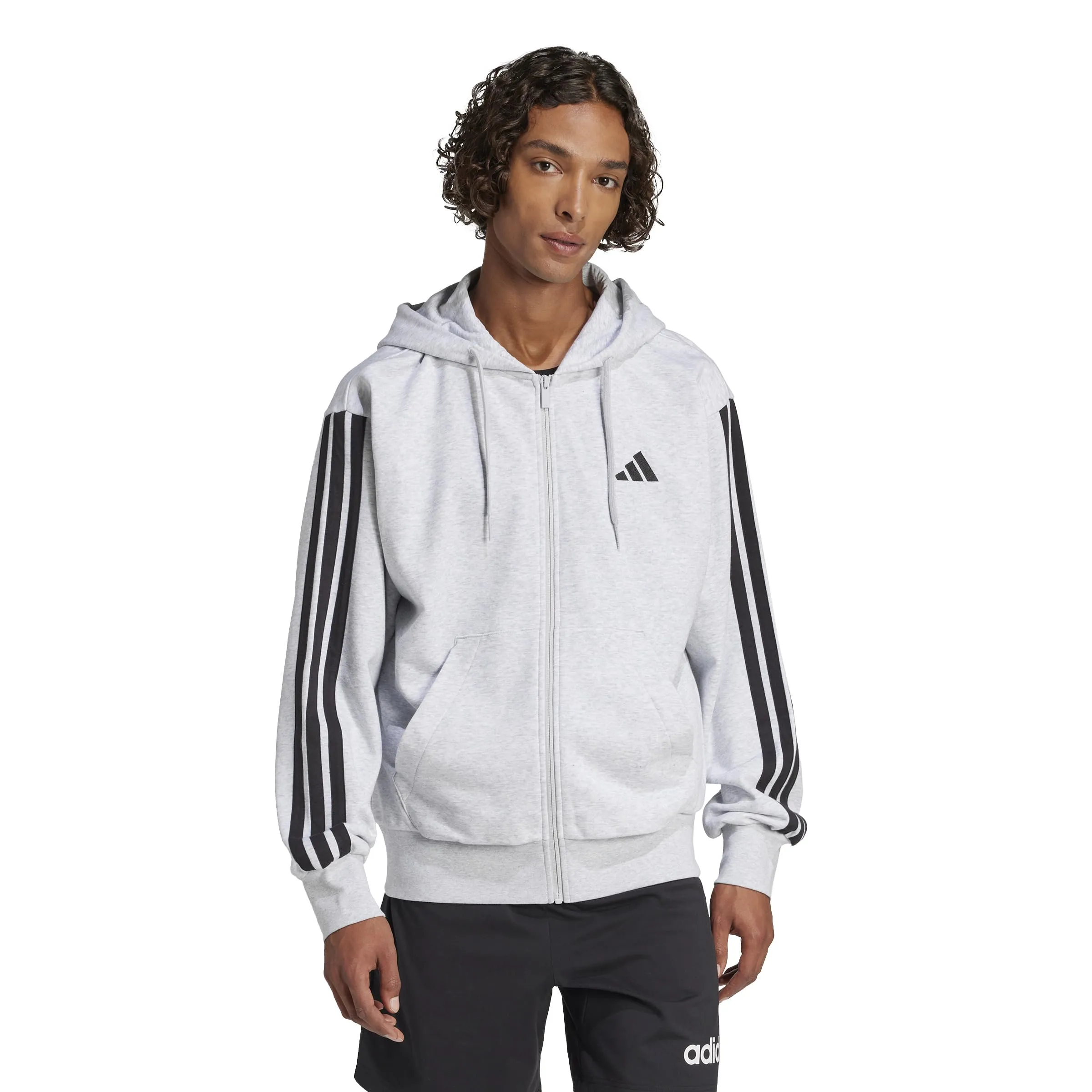 Adidas Uomo Essential Three Stripes French Terry Fullzip Hoodie, Light Grey Heather/Black, L - immagine 3