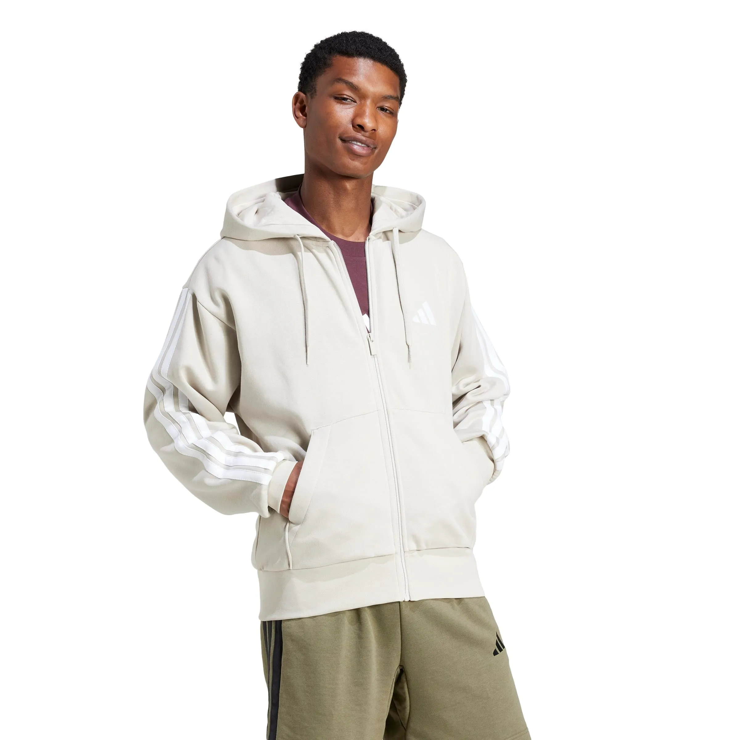 adidas Uomo Essential Three Stripes Fleece Zipper Hoodie Sweatshirt, Wonder Alumina/White, XS - immagine 6