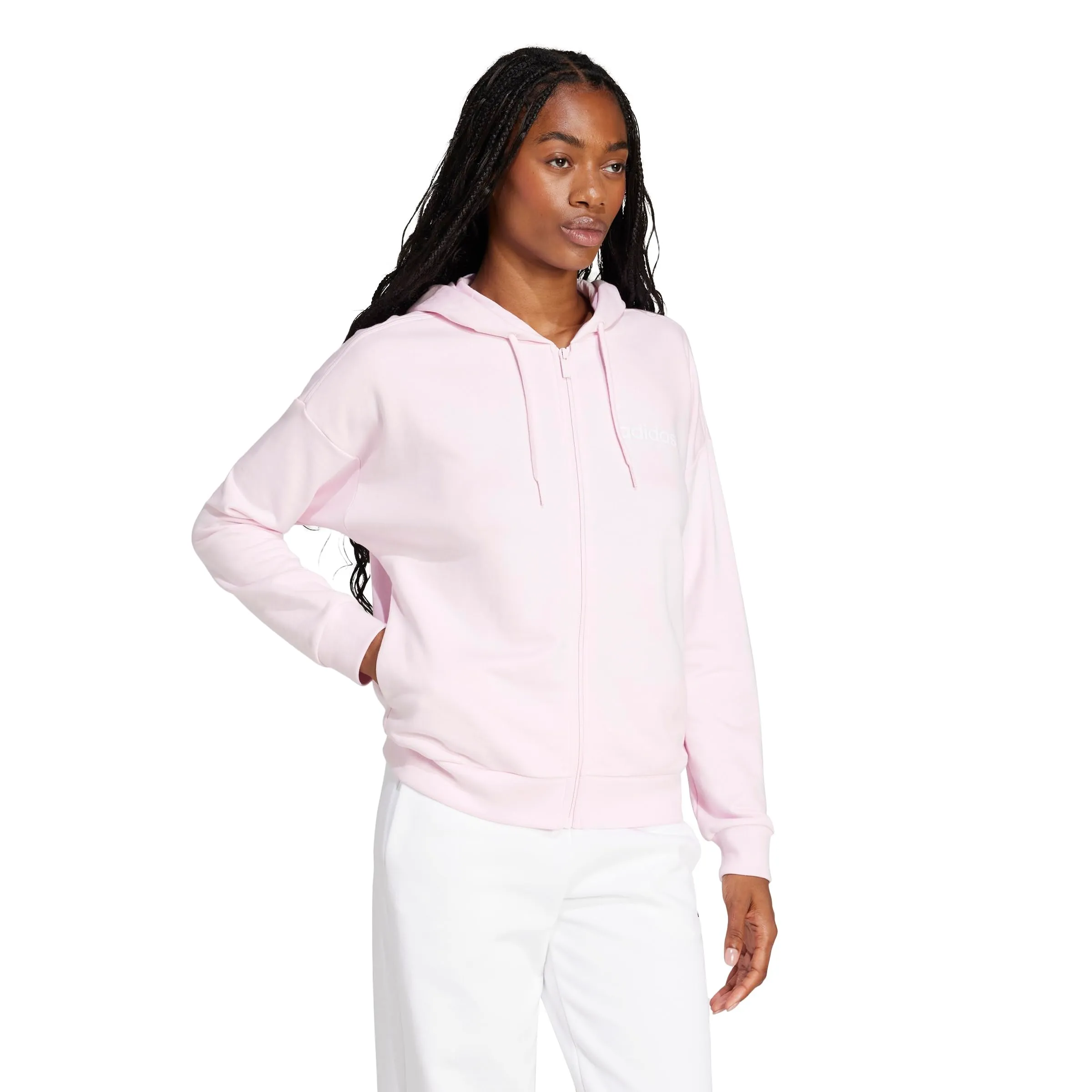 adidas Donna Essentials Linear Full Zip French Terry Hoodie Sweatshirt, Clear Pink/White, L - immagine 6
