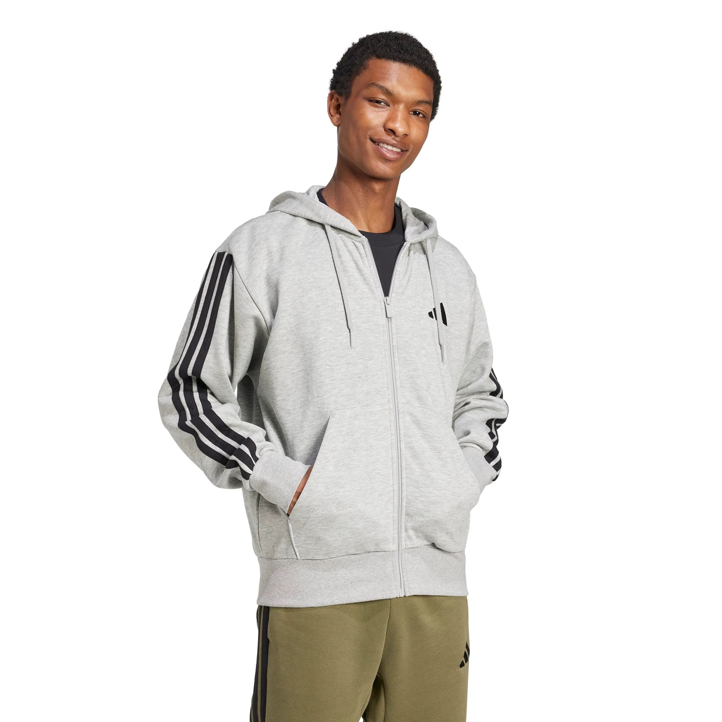 adidas Uomo Essential Three Stripes Fleece Zipper Hoodie Sweatshirt, Medium Grey Heather/Black, L - immagine 7