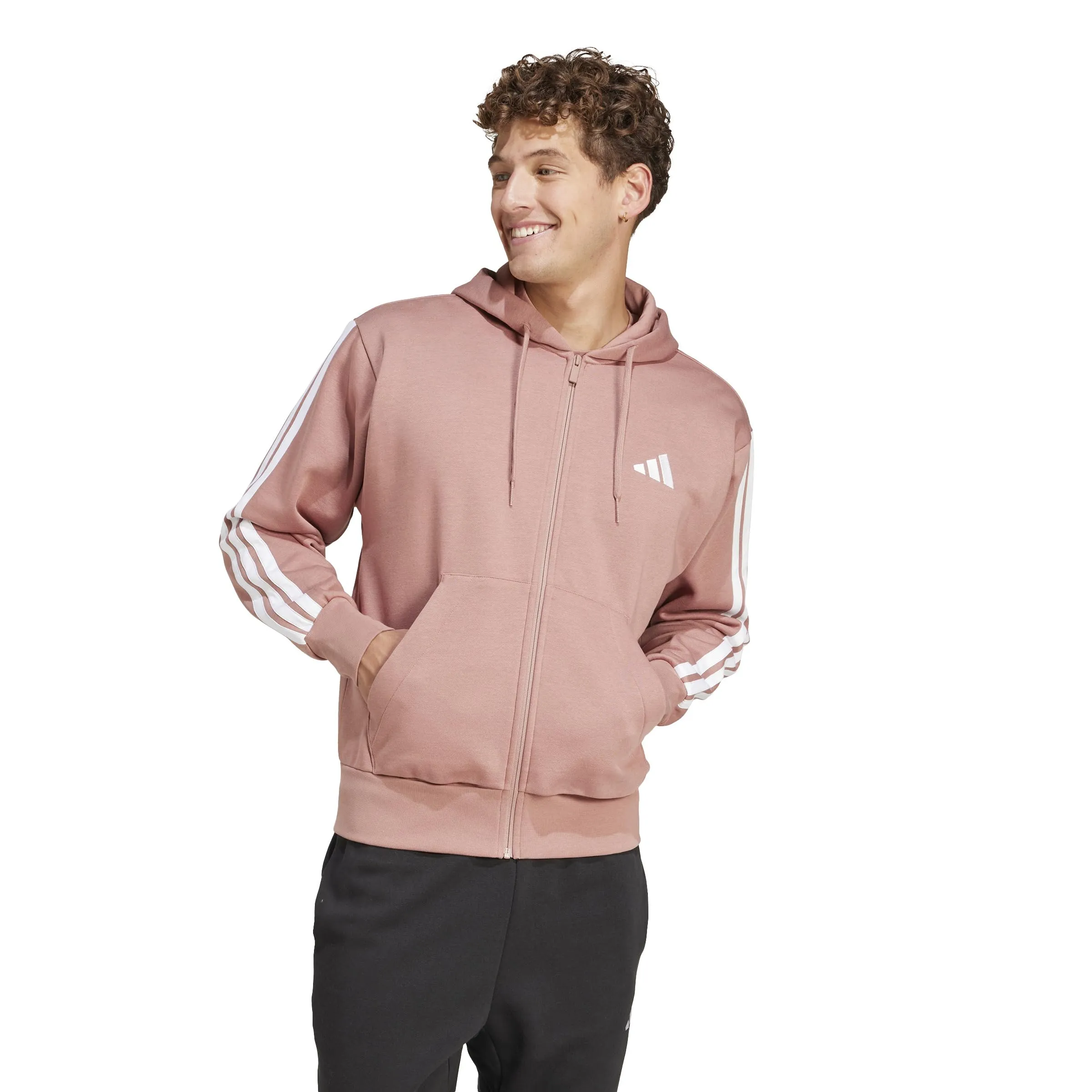 adidas Uomo Essential Three Stripes Fleece Zipper Hoodie, Warm Clay/White, XXL - immagine 3