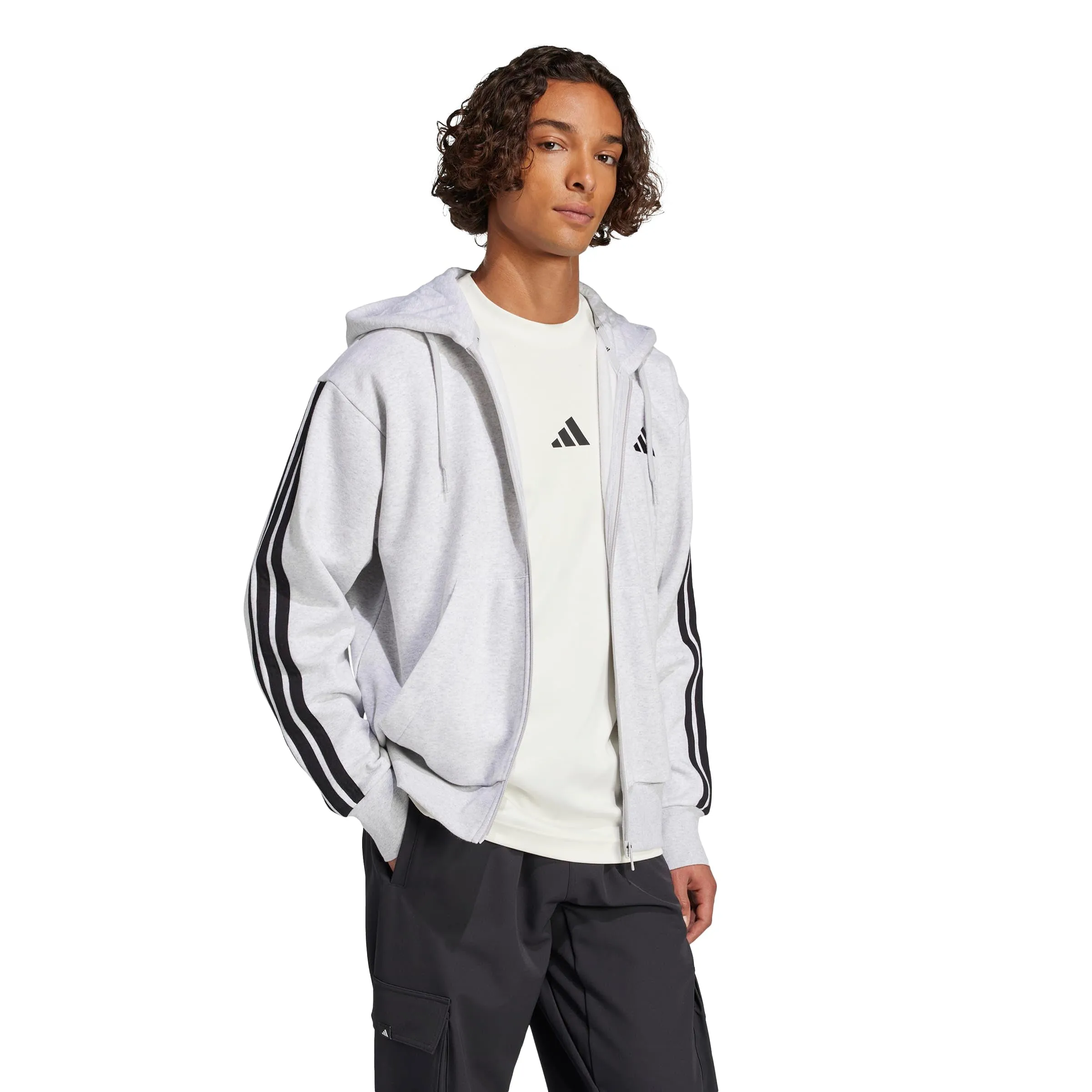 adidas Homme Essential Three Stripes Fleece Zipper Hoodie, Light Grey Heather/Black, S - immagine 2
