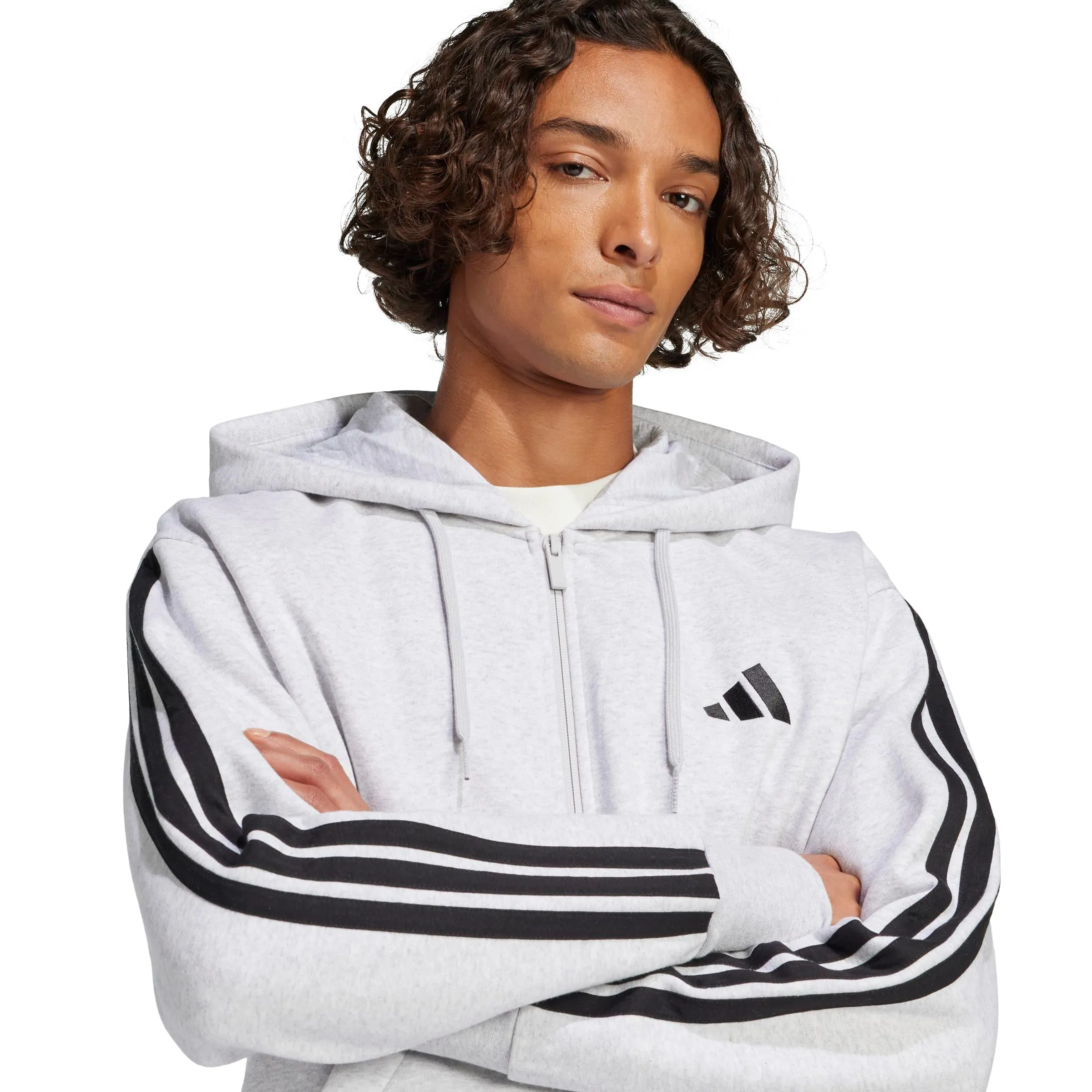 adidas Homme Essential Three Stripes Fleece Zipper Hoodie, Light Grey Heather/Black, S - immagine 4