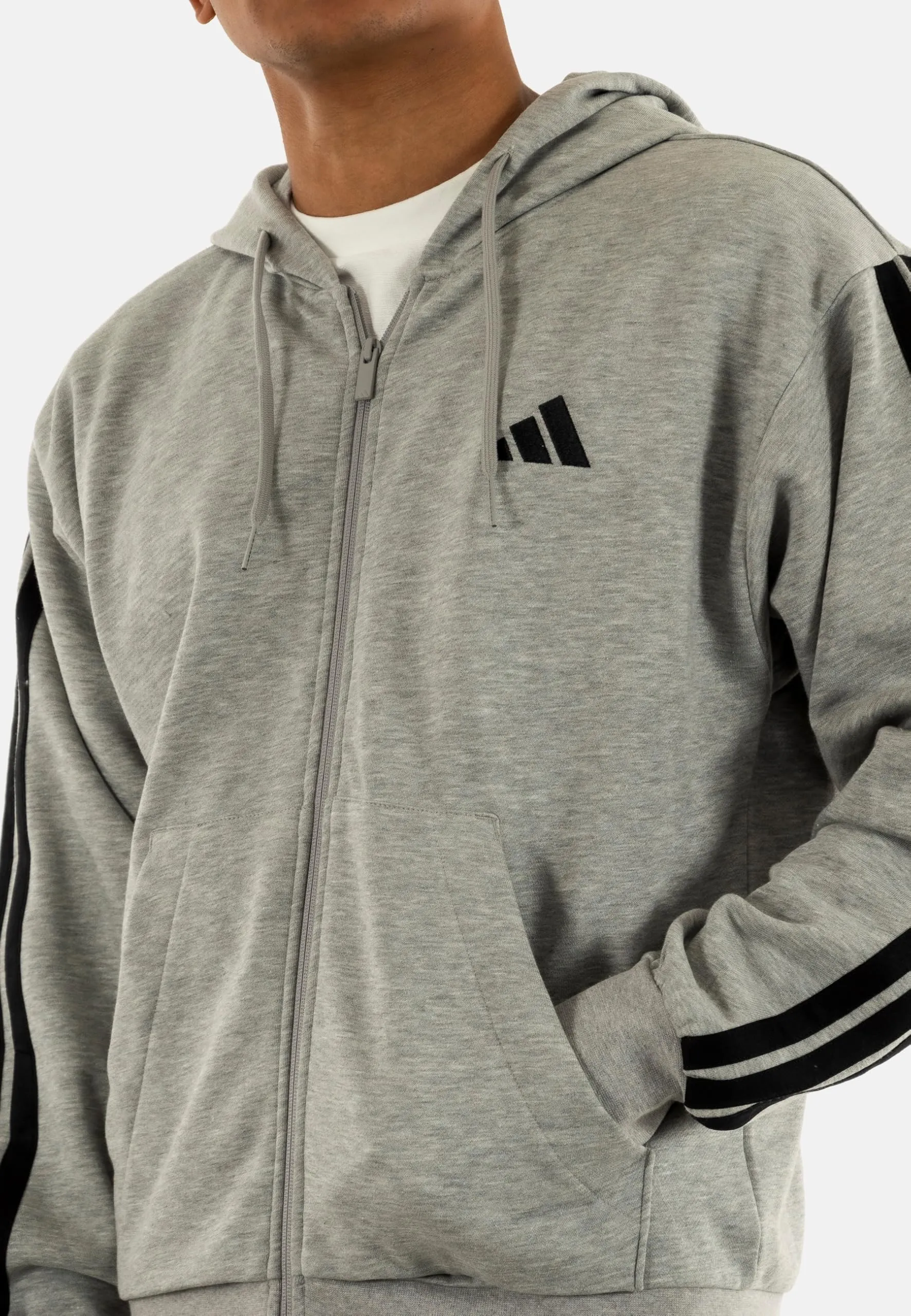 adidas Uomo Essential Three Stripes Fleece Zipper Hoodie Sweatshirt, Medium Grey Heather/Black, XL - immagine 3
