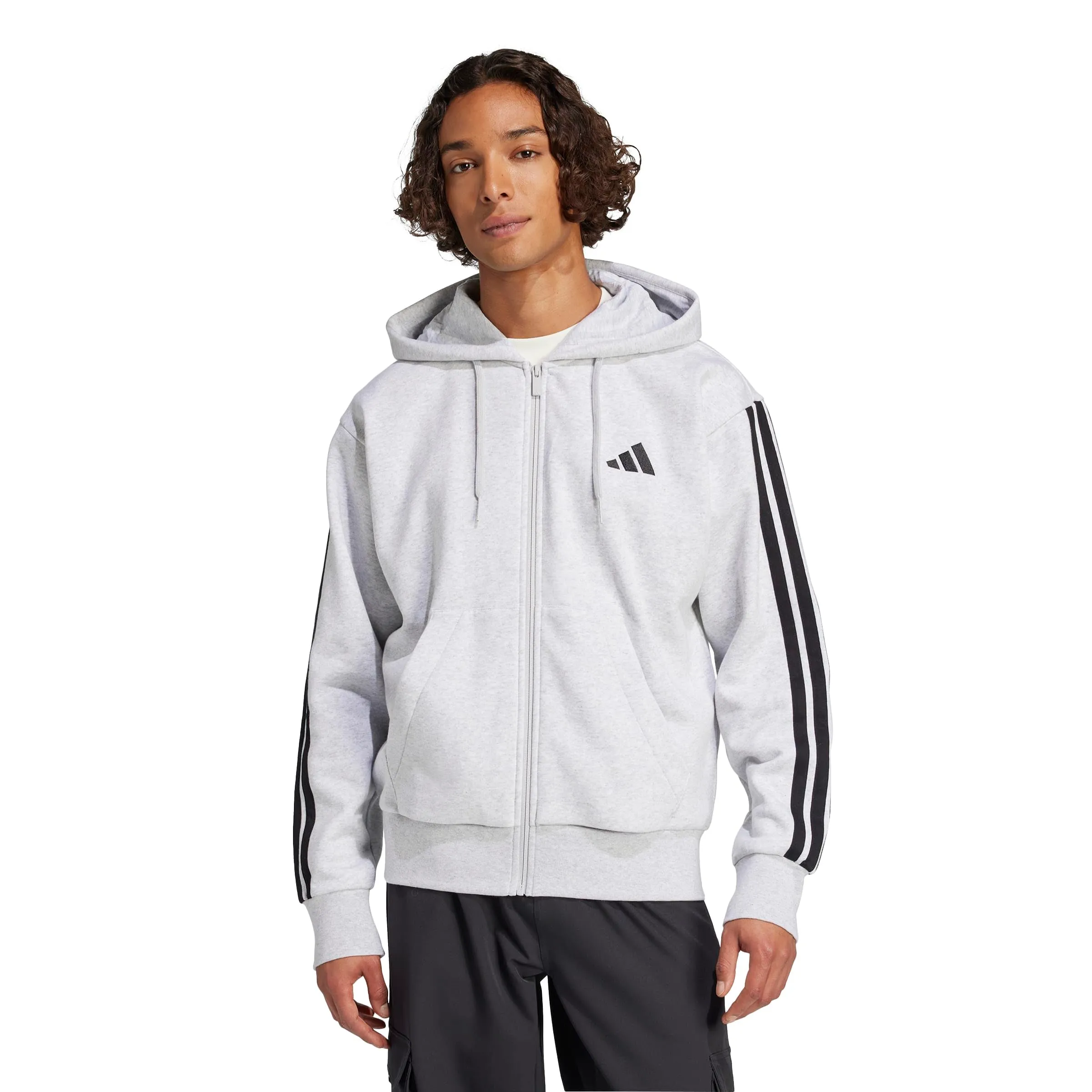 Adidas Homme Essential Three Stripes Fleece Zipper Hoodie, Light Grey Heather/Black, M - immagine 1