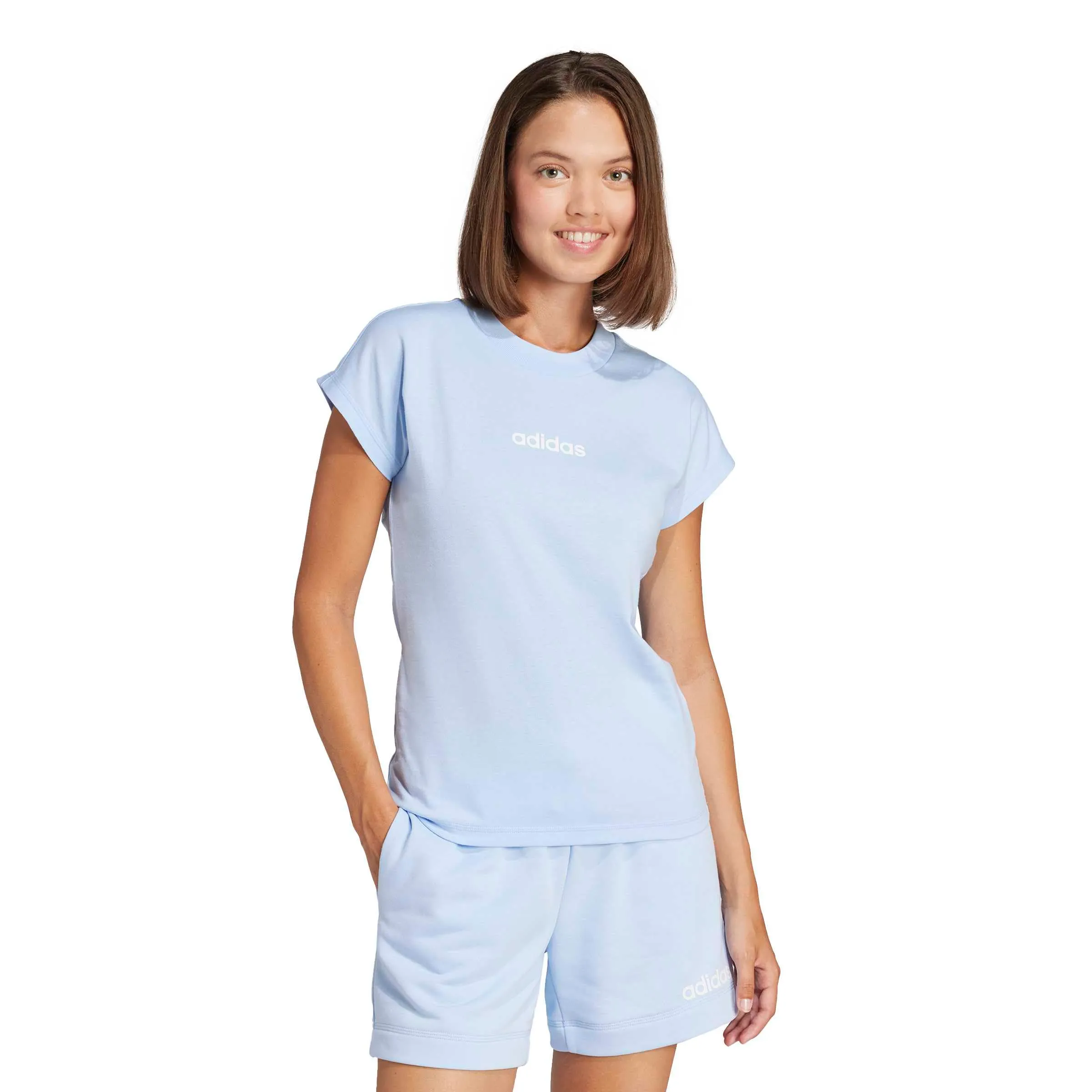 adidas Donna Essentials Linear Cotton Shirt, Glow Blue/White, S - immagine 4