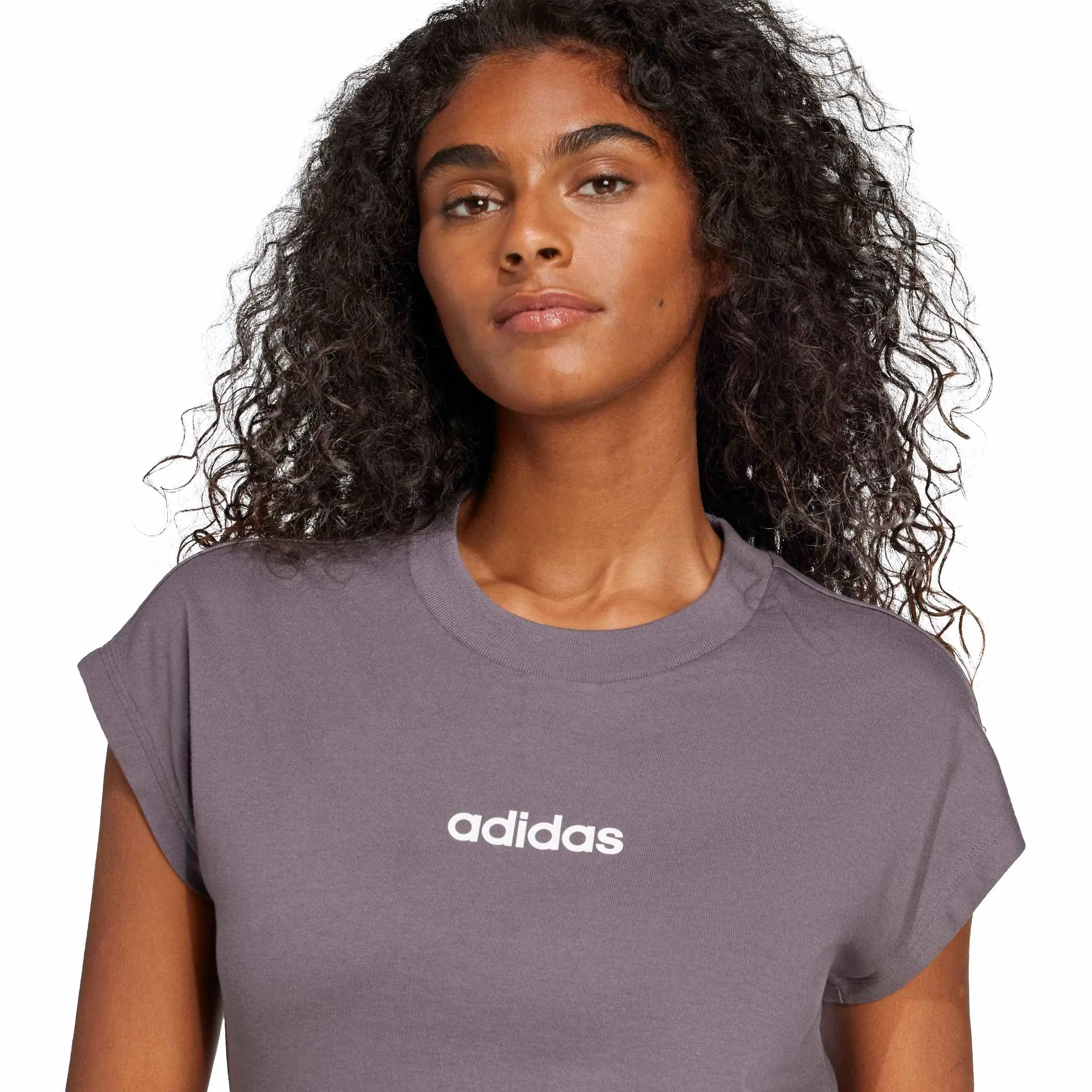 adidas Donna Essentials Linear Cotton Shirt, Grey Strata/White, M - immagine 3