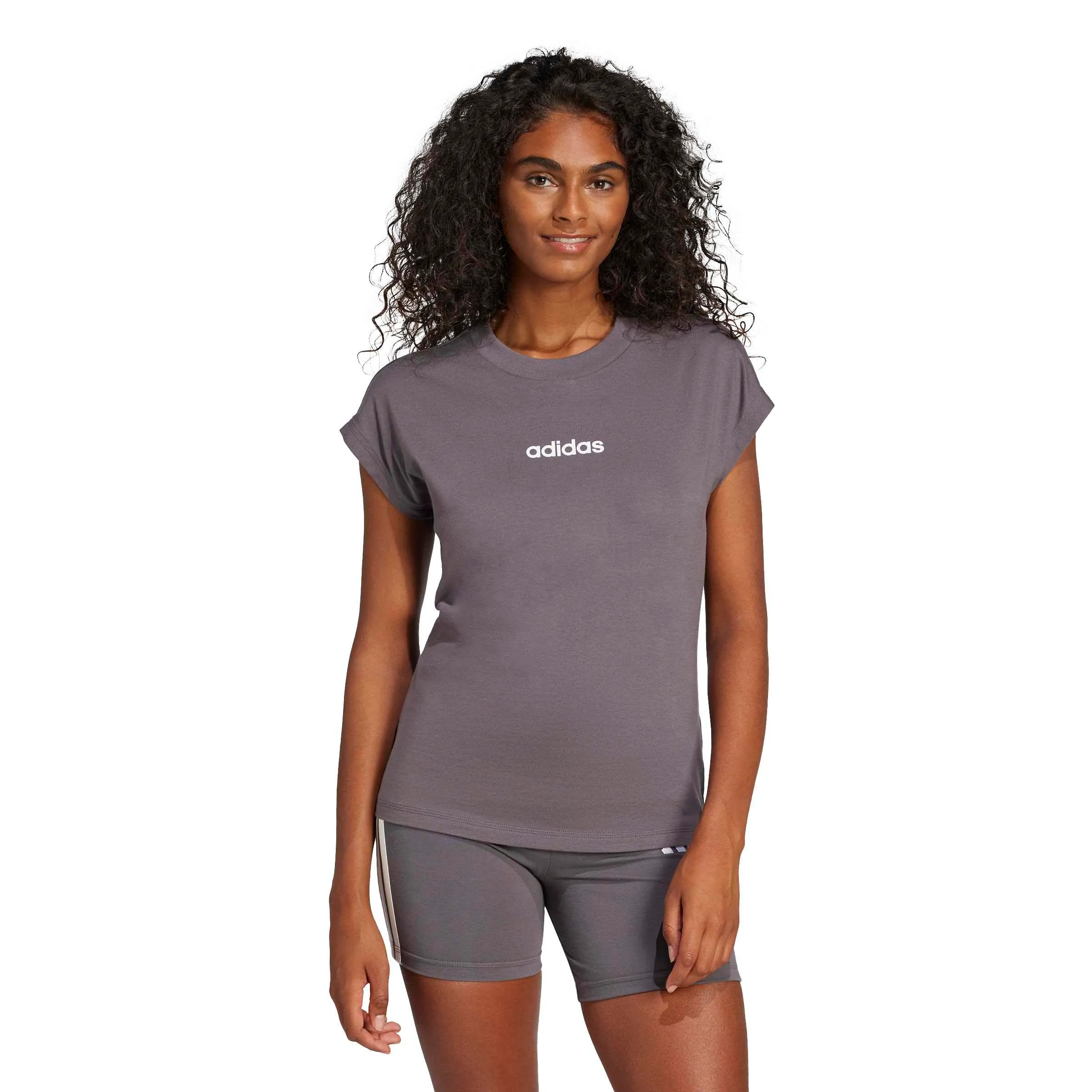 adidas Donna Essentials Linear Cotton Shirt, Grey Strata/White, M - immagine 4