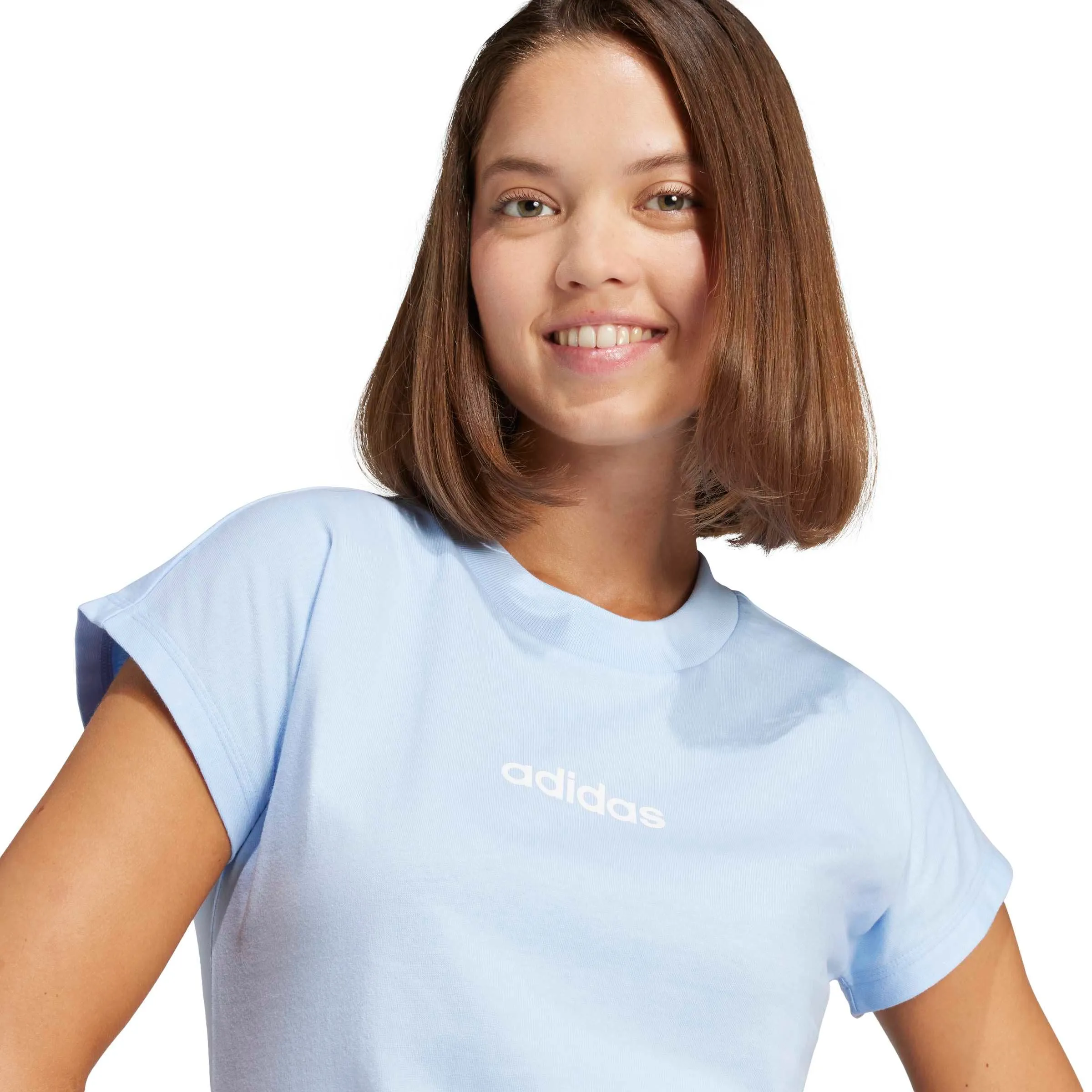 adidas Donna Essentials Linear Cotton Shirt, Glow Blue/White, XXS - immagine 3