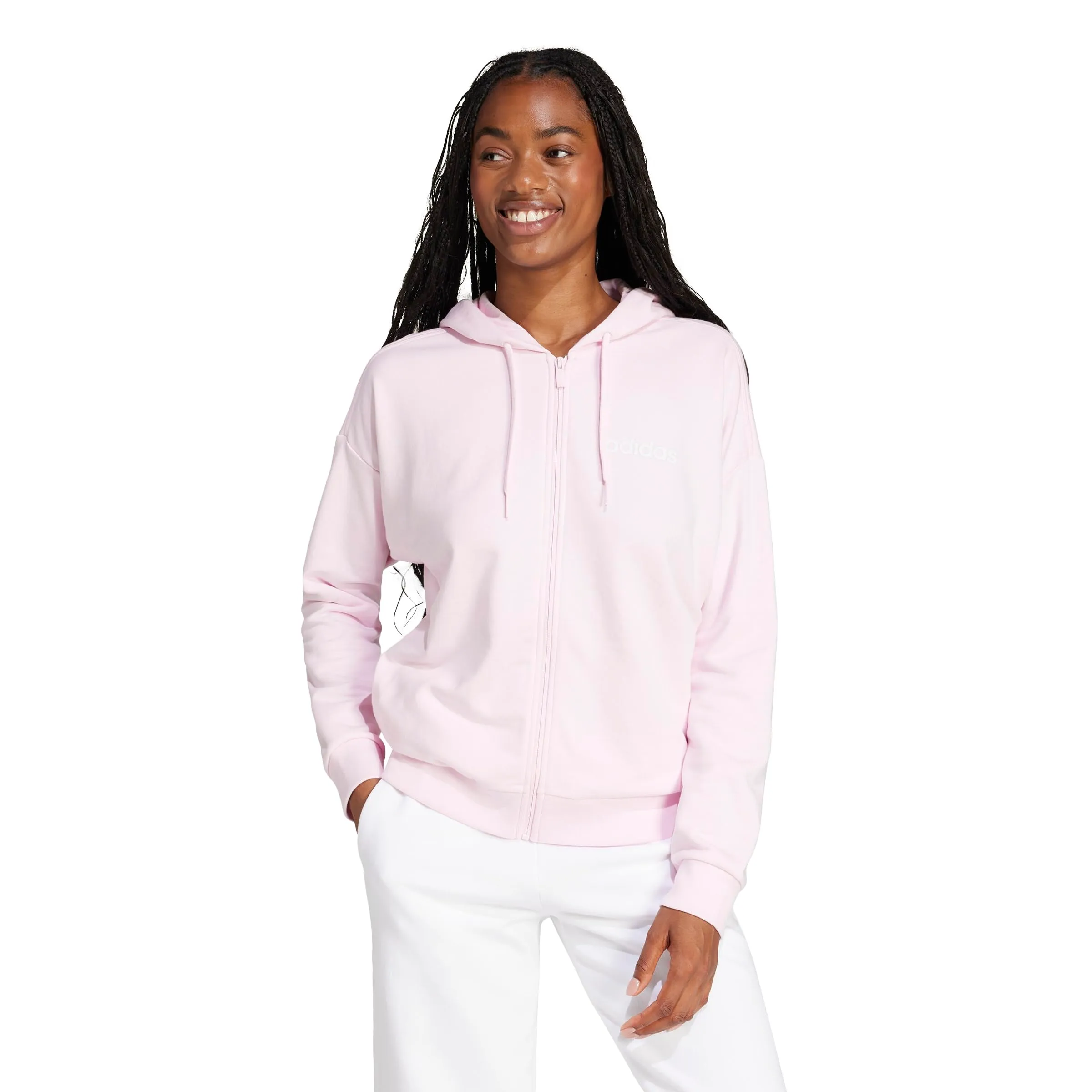 adidas Donna Essentials Linear Full Zip French Terry Hoodie Sweatshirt, Clear Pink/White, XS - immagine 3