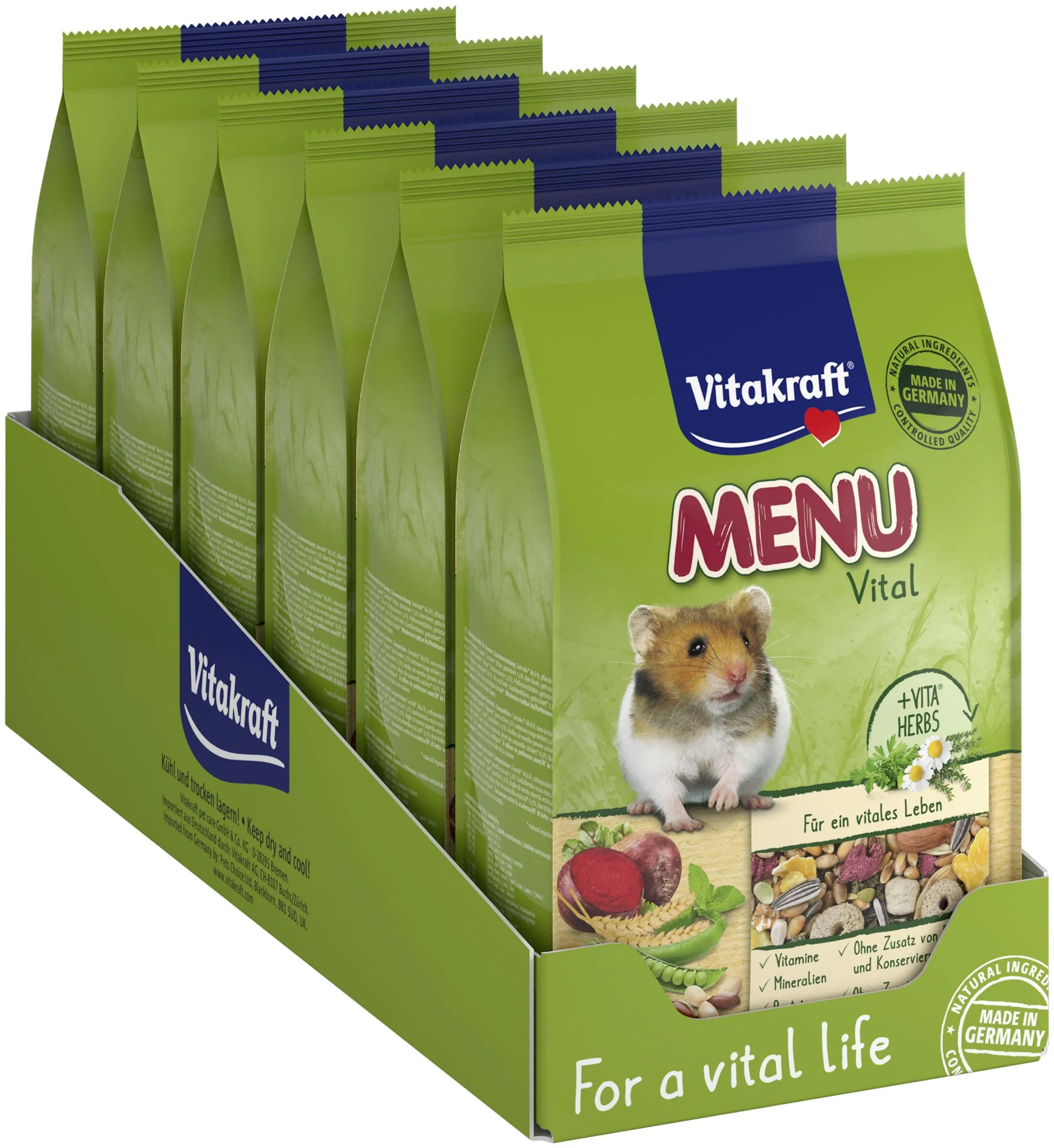 Vitakraft Menu Vital, alimento principale per criceti, con verdura, con noci, con vitamine e minerali essenziali, senza l'aggiunta di zuccheri e cereali (6x 400g) - immagine 1