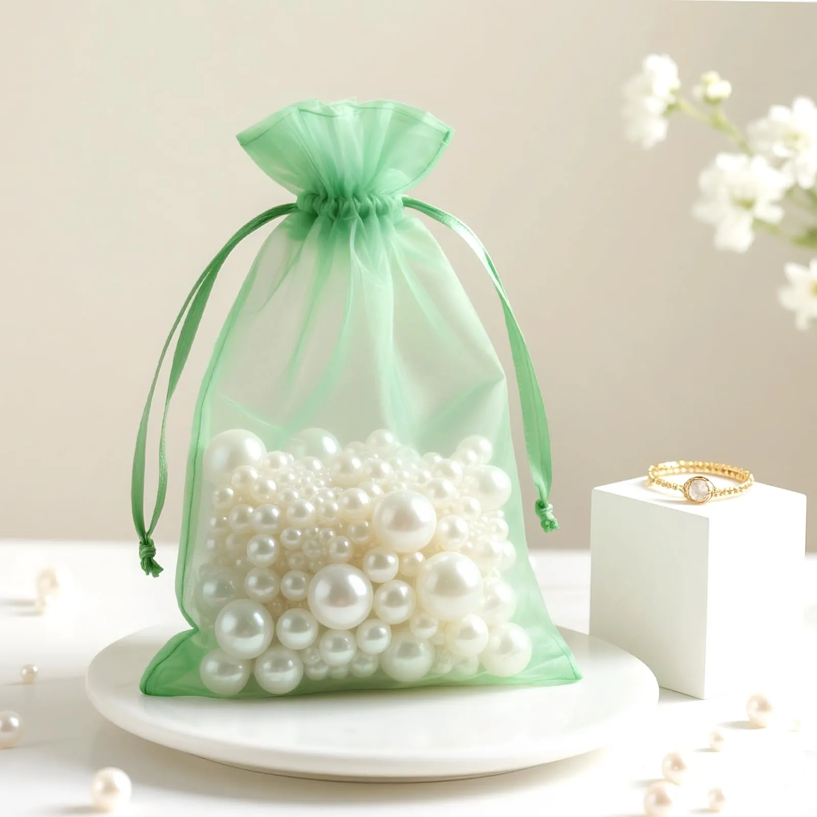G2PLUS 50 Sacchetti Organza Verde,17x23CM Sacchetti Organza Regalo - immagine 6