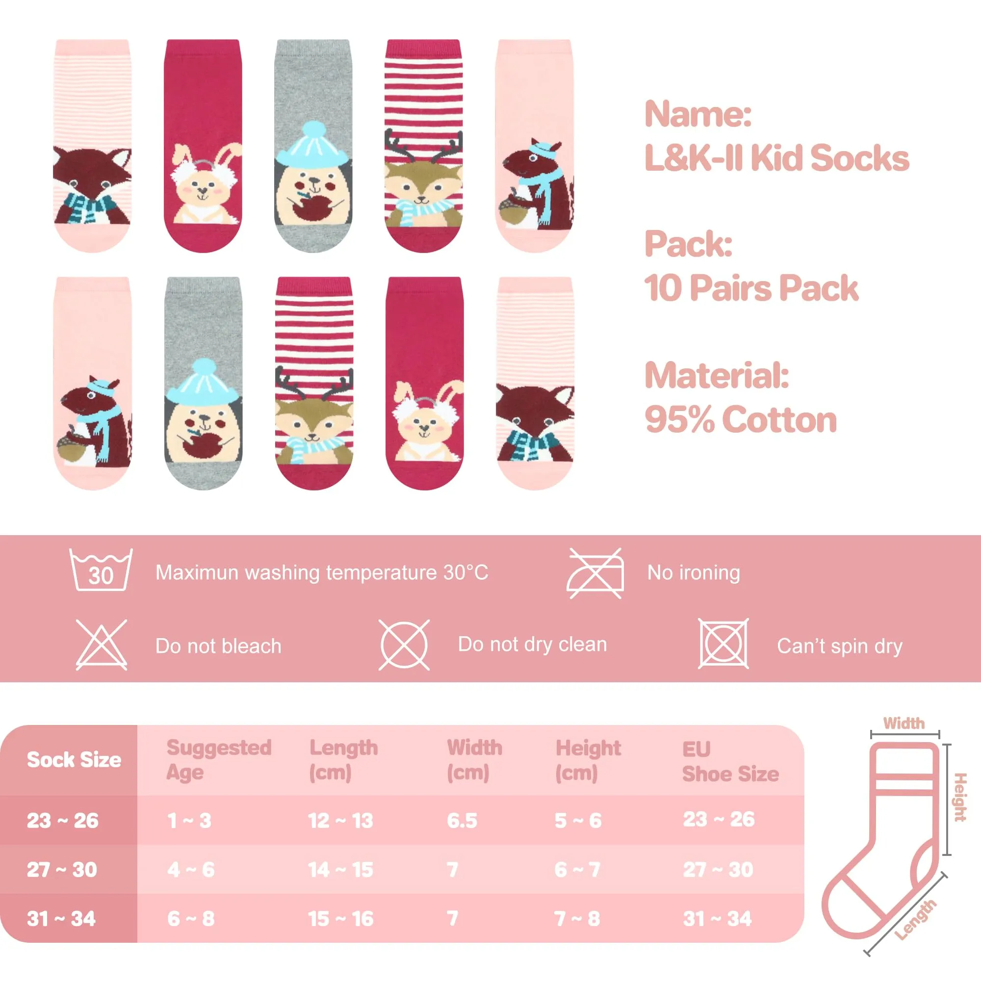 L&K-II Confezione da 10 calzini in Cotone per Bambina e Ragazza Calzini per Bambini Simpatico motivo Animale Colorato 2885 23-26 - immagine 4