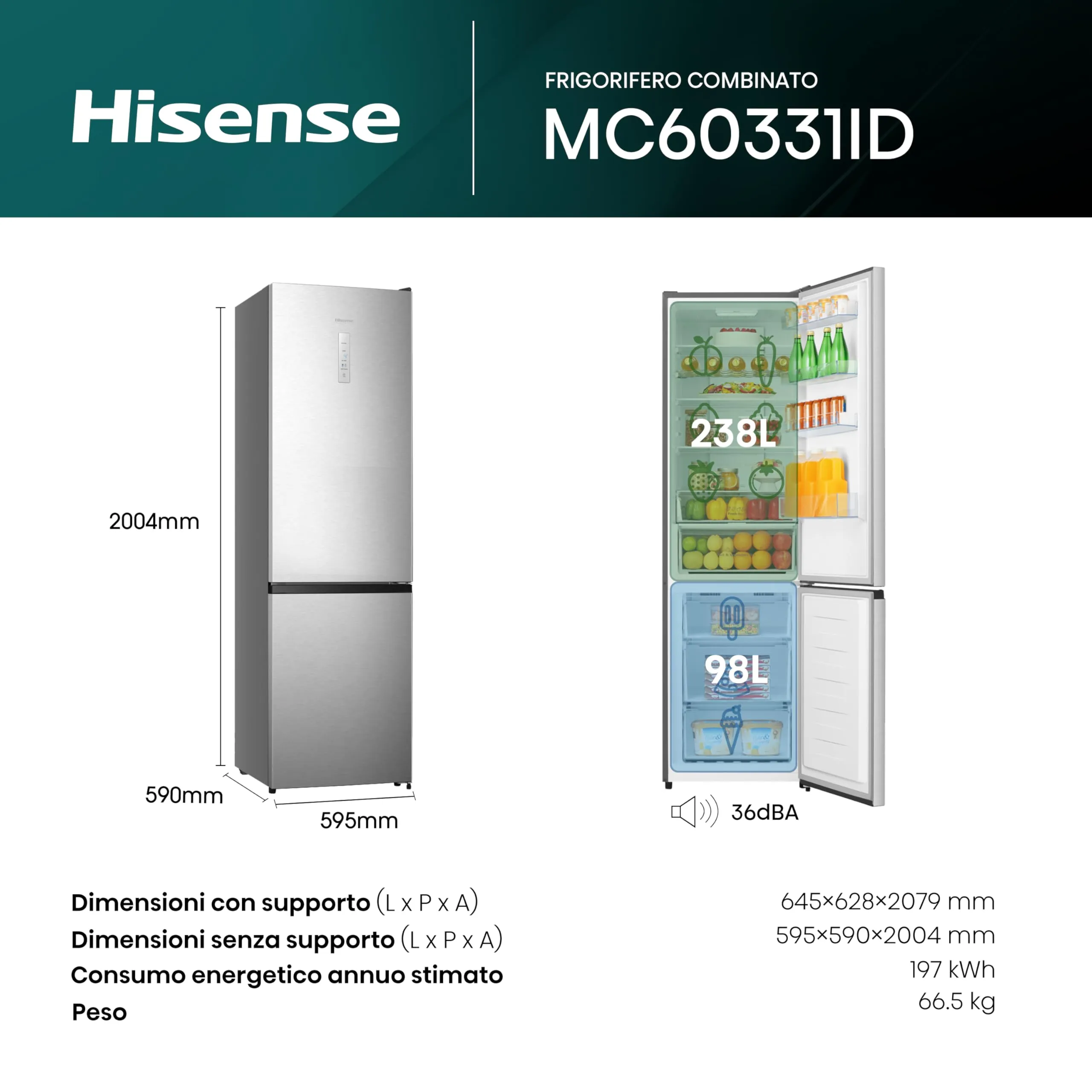 Hisense MC60331ID Frigorifero Combinato Total No Frost, 336 Litri, Classe D, Inox, Altezza 2 metri, Prof. 59 cm, Porta Reversibile, CrispZone, SmartHumidity, Big Box - immagine 2